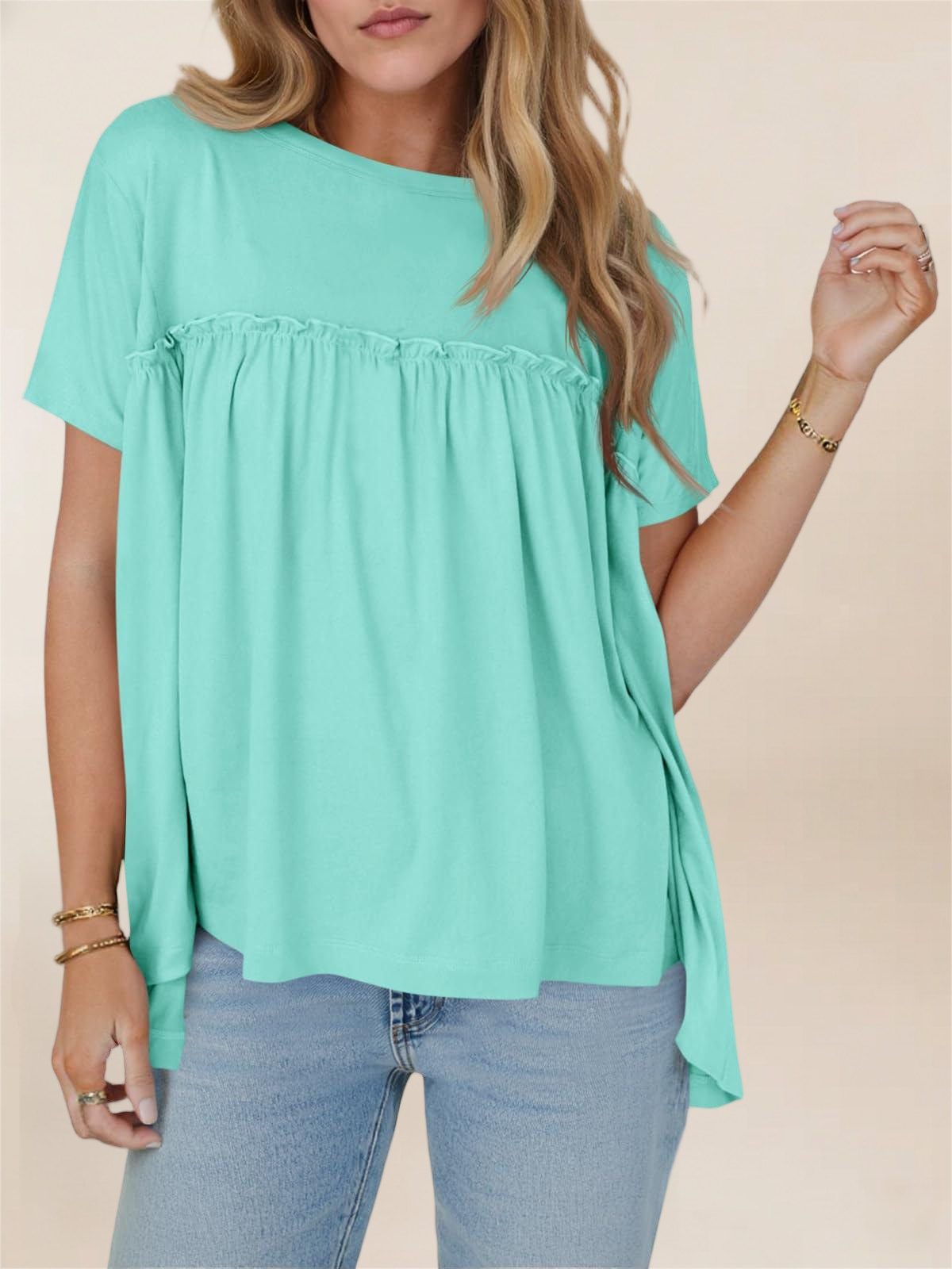 Imily Bela Women Summer Babydoll Tops Pleated Short Sleeve Crew Neck Peplum Blouse Casual Loose Fit T Shirts