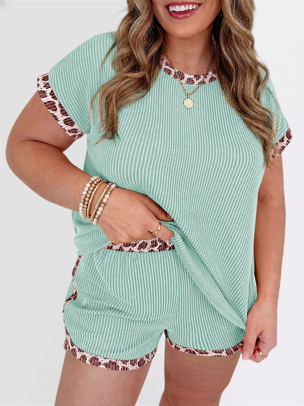 Imily Bela Womens Plus Size 2 Piece Short Sets Leopard Print Ribbed Knit Short Sleeve Top 2026 Summer Casual Lounge Set