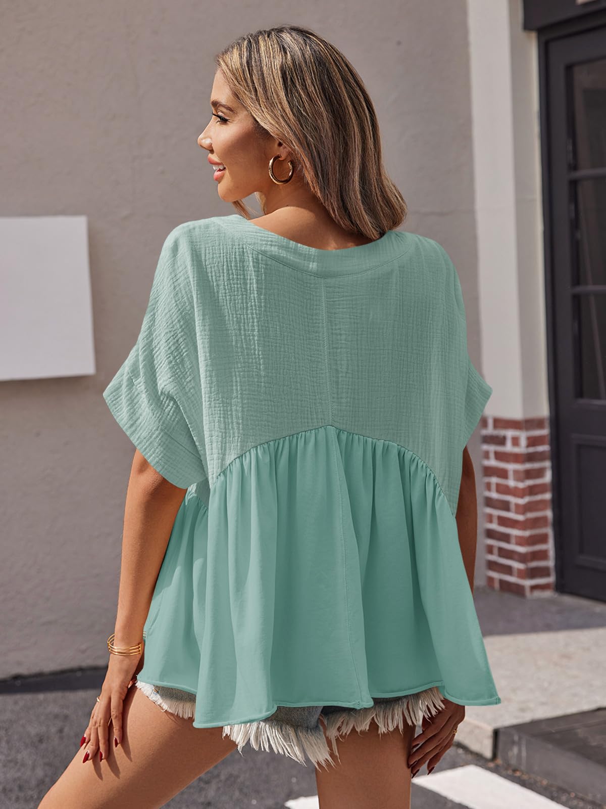 Imily Bela Womens Summer Babydoll Tops V Neck Short Sleeve Pleated Flowy Shirts Casual Loose Fit Peplum Blouse