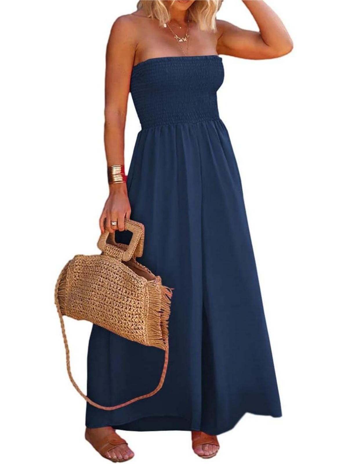 Imily Bela Womens Sleeveless Strapless Wide Leg Jumpsuits Summer Casual Loose Smocked Chiffon Jumpsuit Rompers with Pockets