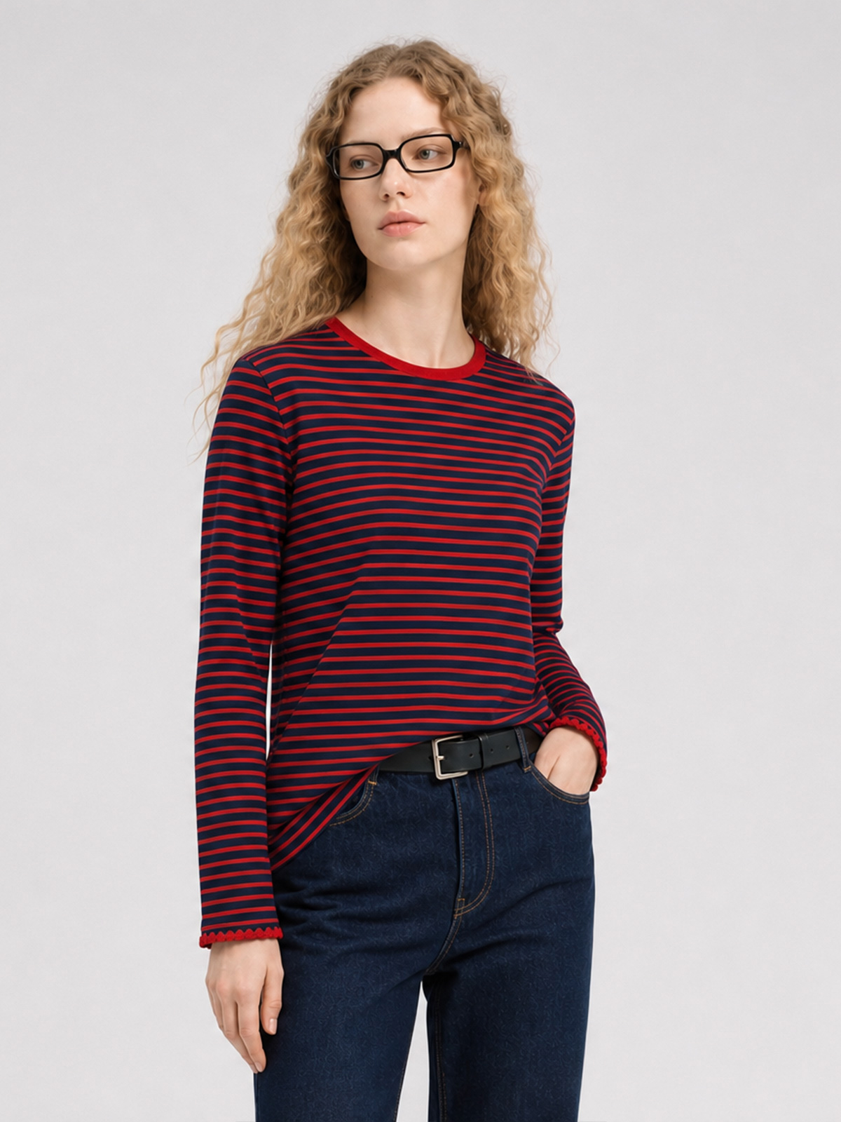Imily Bela Scalloped-Trim Striped Long-Sleeve Tee