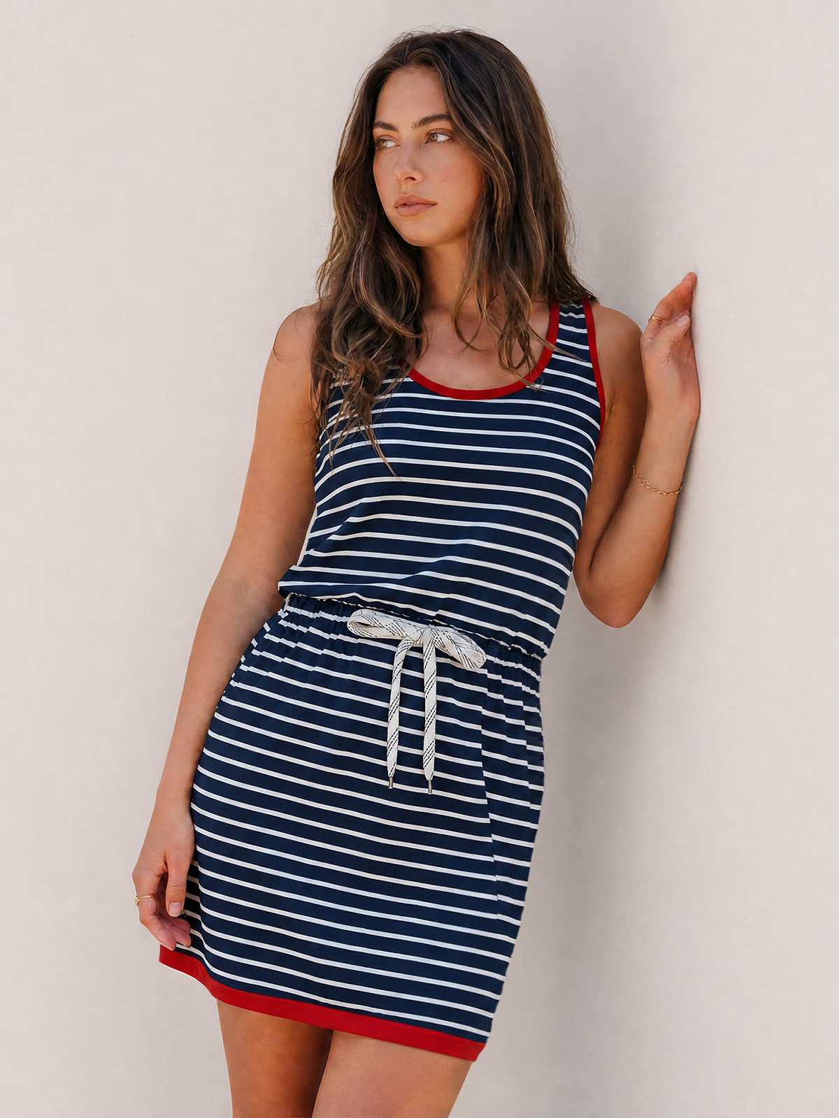 Womens Cotton Summer Dresses for Women Striped Dress Drawstring Waist Casual Tank Mini Dresses with Pockets