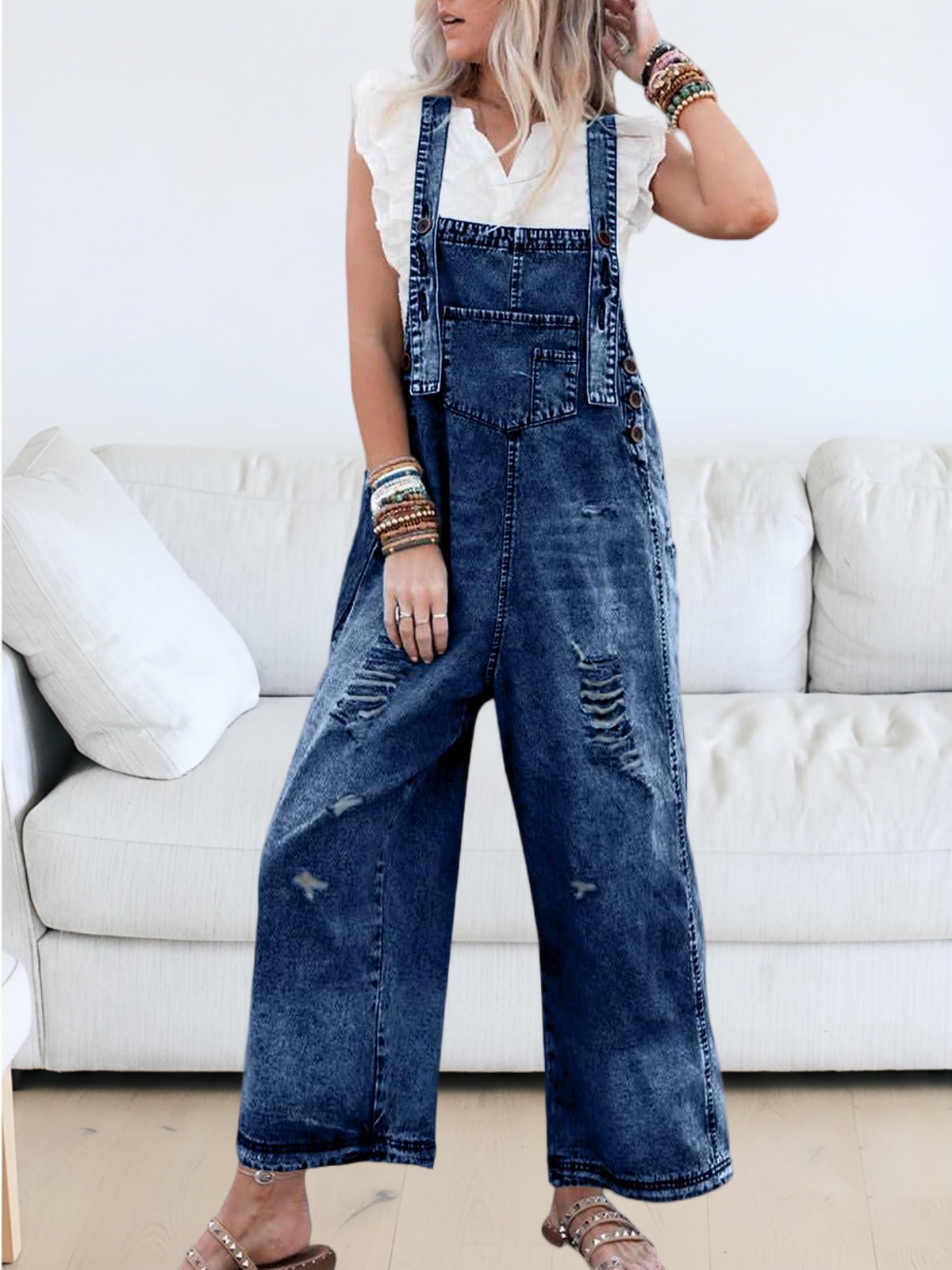 Imily Bela Women's Casual Denim Overalls Loose Adjustable Strap Distressed Bib Jeans Overall Jumpsuits with Pocket
