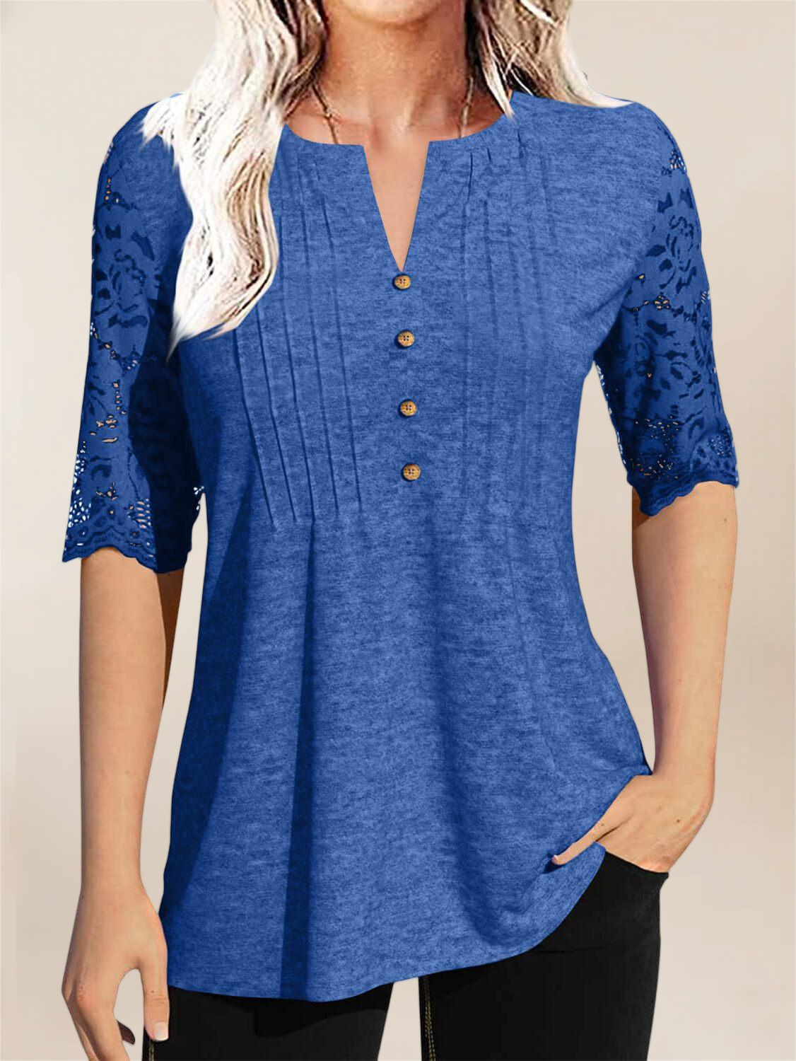 Imily Bela Womens Summer Tops Pleated Button Down Short Sleeve T-Shirt V-Neck Casual Lace Blouse