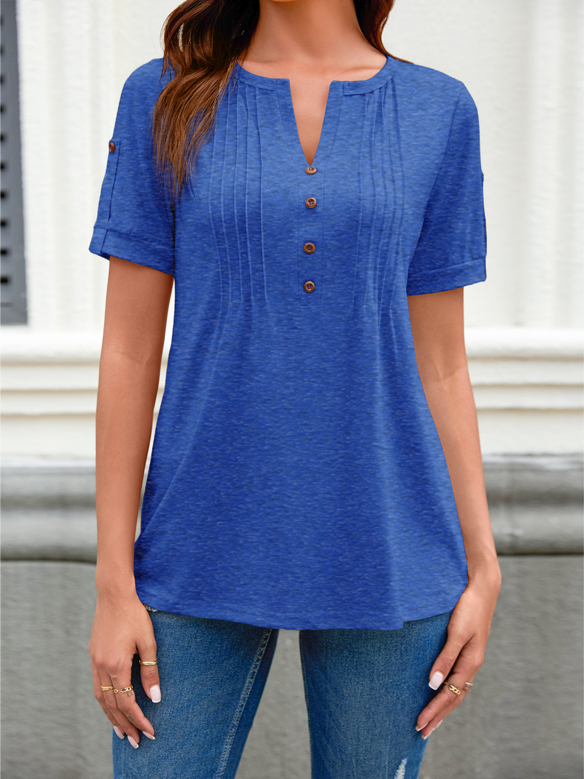 Imily Bela Women's Zipper Summer Pleated Button Short Sleeve T-Shirt Summer V-Neck Solid Color Casual top