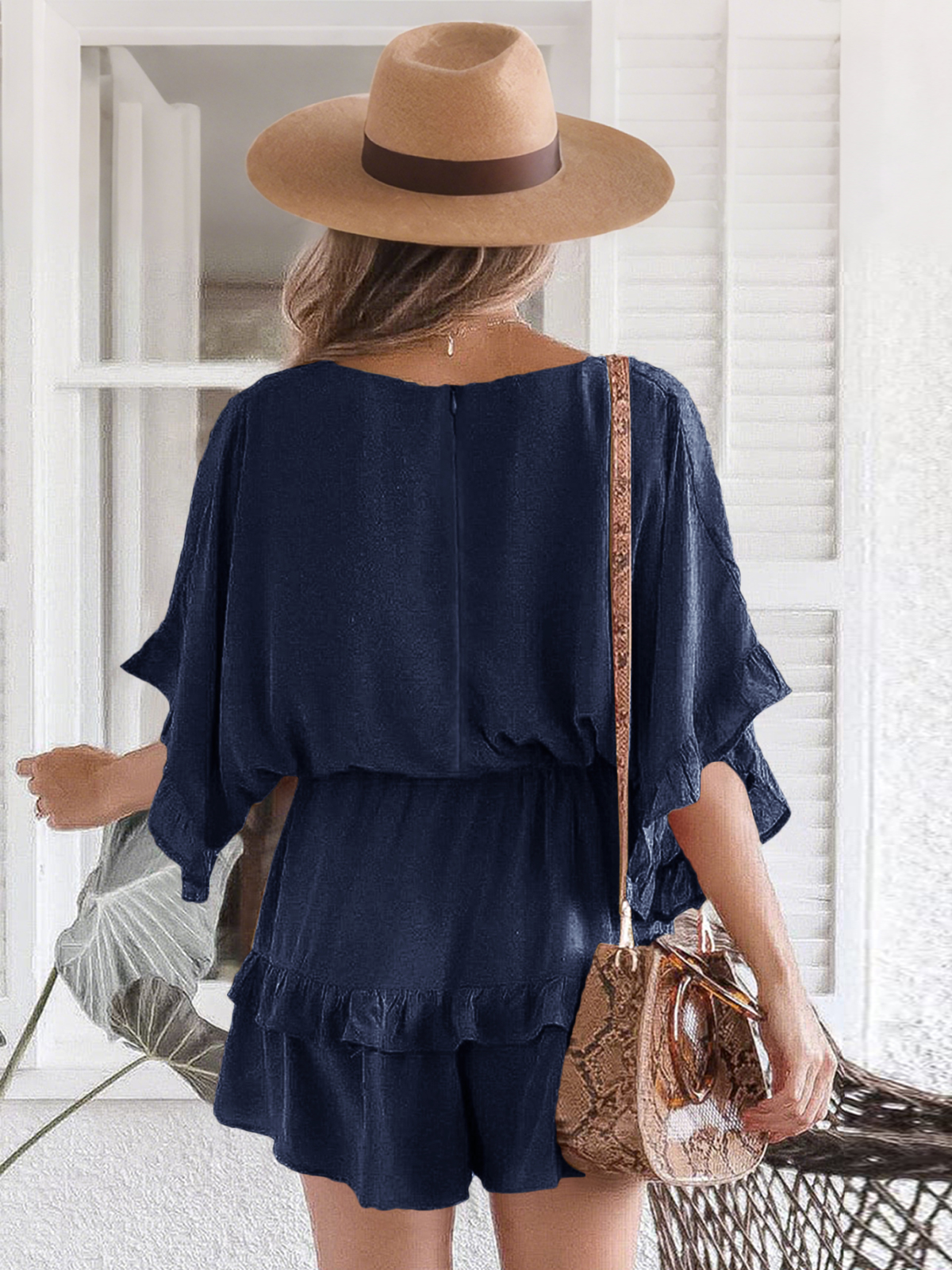 Imily Bela Womens V Neck Beach Romper Ruffle Layered Drawstring Waisted Shorts Jumpsuit