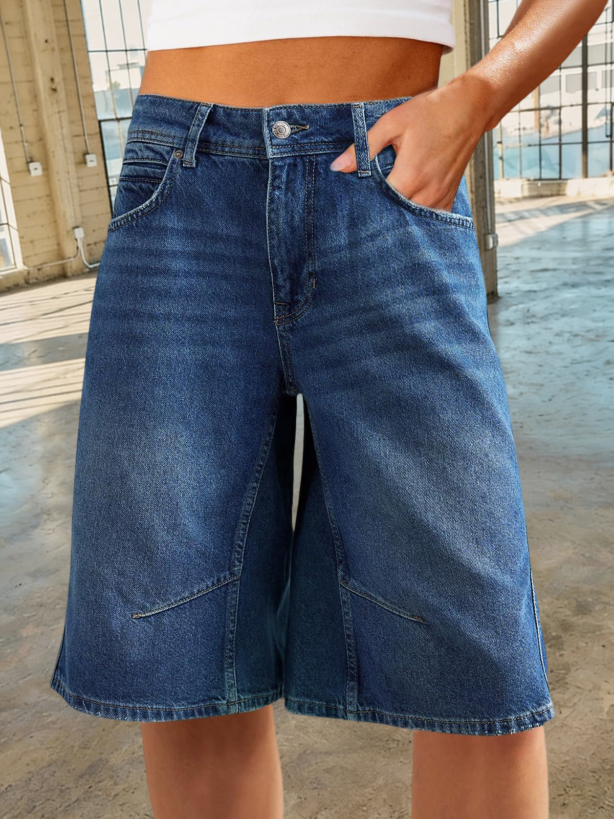 Imily Bela Womens Summer Wide Leg Denim Shorts Casual Loose Mid Rise Jorts Bermuda Knee Length Jeans Shorts