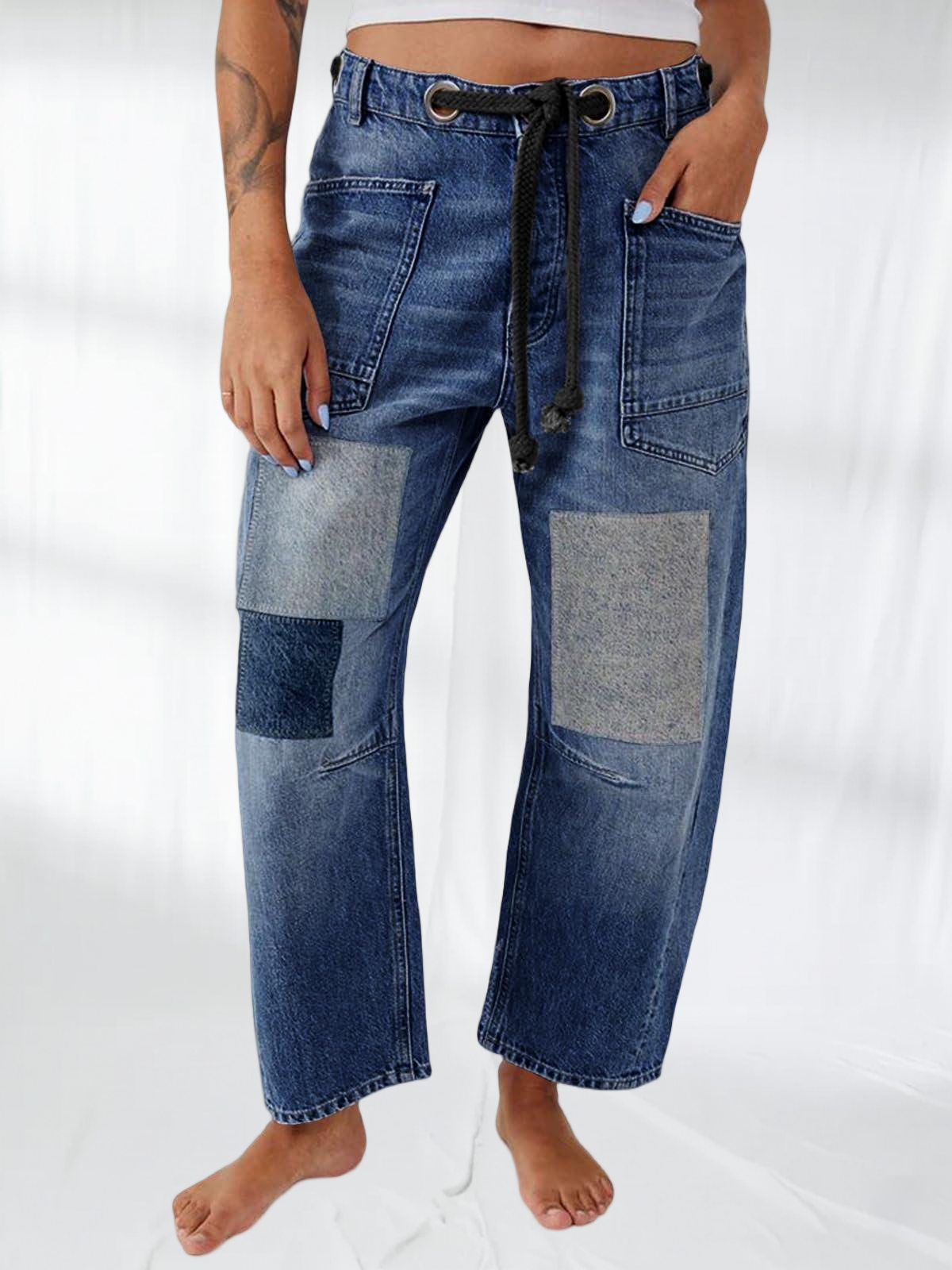 Imily Bela Womens Baggy Barrel Horseshoe Jeans Wide Leg Patchwork Low Rise Denim Pants with Pockets