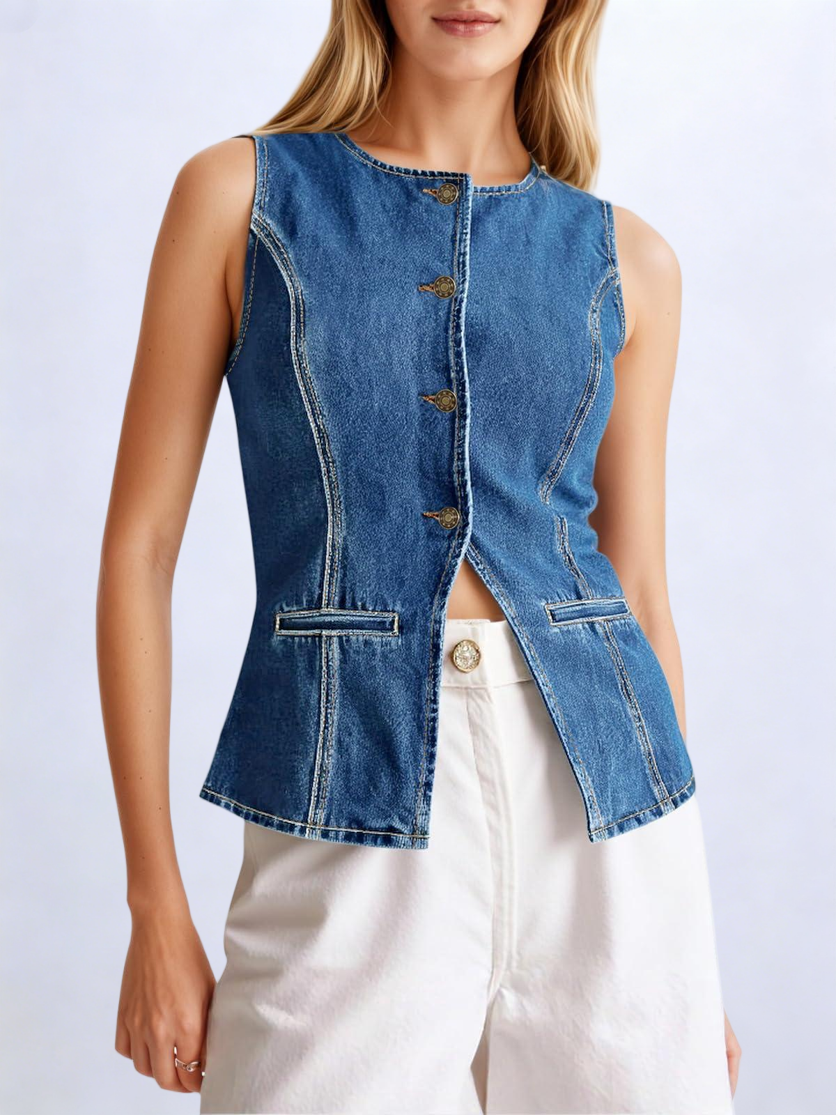 Imily Bela Womens Button Down Denim Vest Trendy Fitted Sleeveless Jean Tank Tops Crew Neck Waistcoat