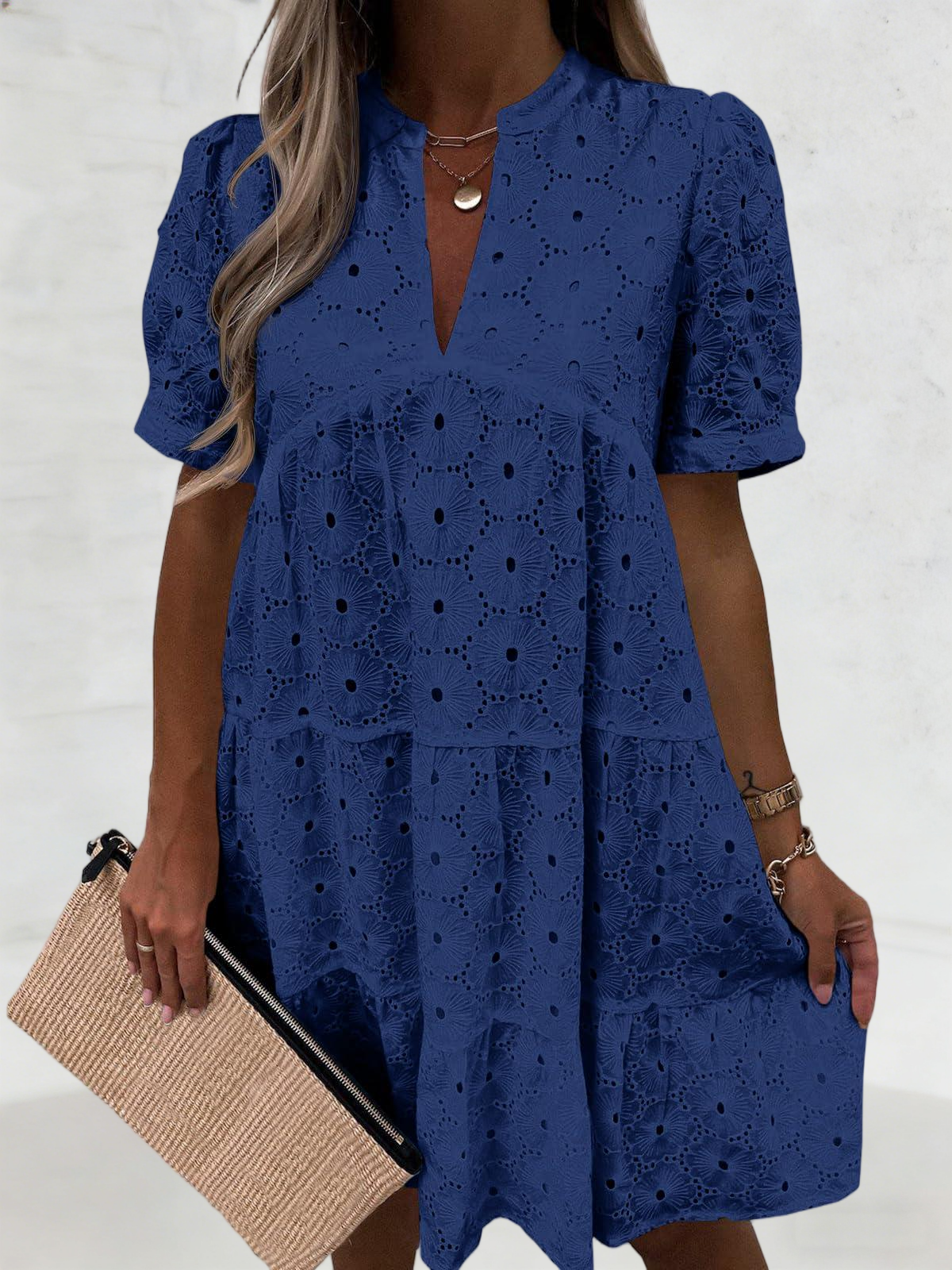 Imily Bela Womens Summer Lace Dresses Eyelet Casual Flowy Babydoll Swing Short Sleeve V Neck Tunic Dress