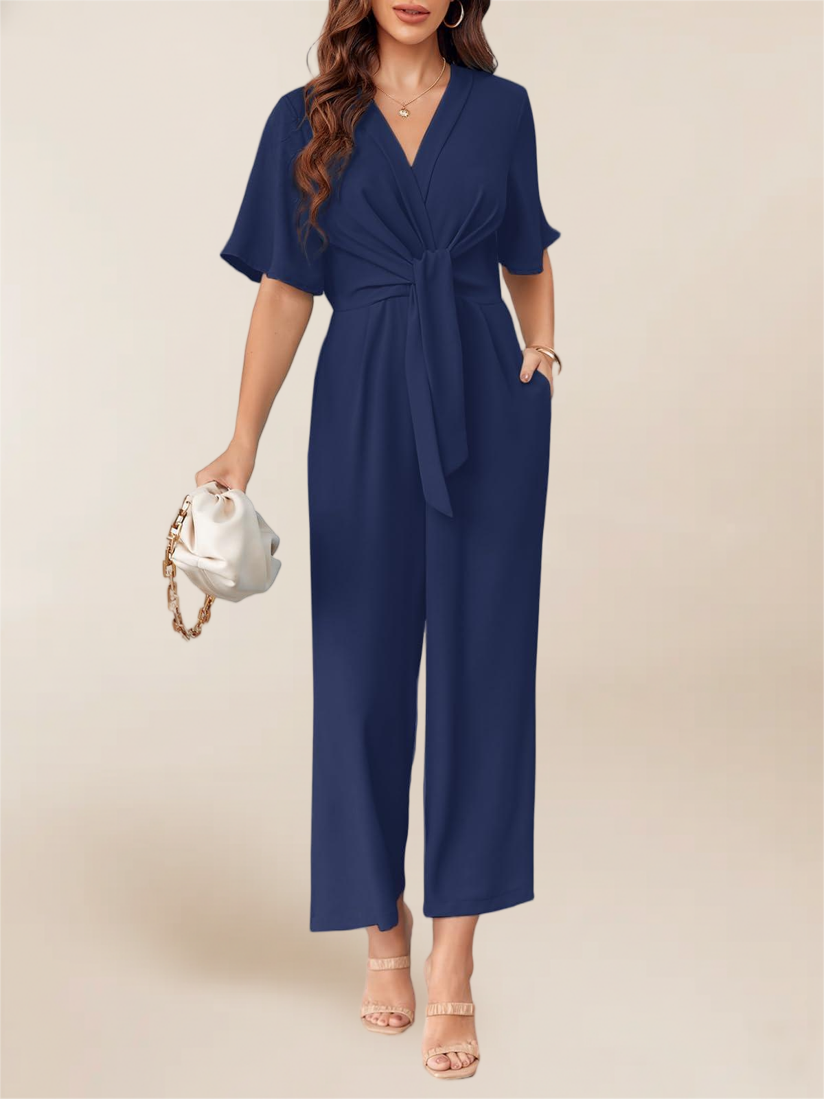 Imily Bela Women's Elegant V Neck Jumpsuits Dressy Casual Short Sleeve Wide Leg Long Pants Rompers