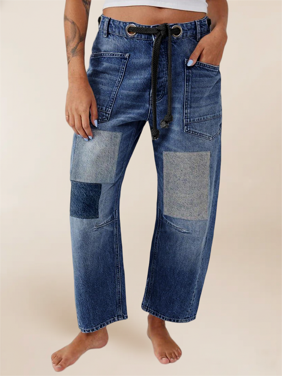 Imily Bela Womens Baggy Barrel Horseshoe Jeans Wide Leg Patchwork Low Rise Denim Pants with Pockets