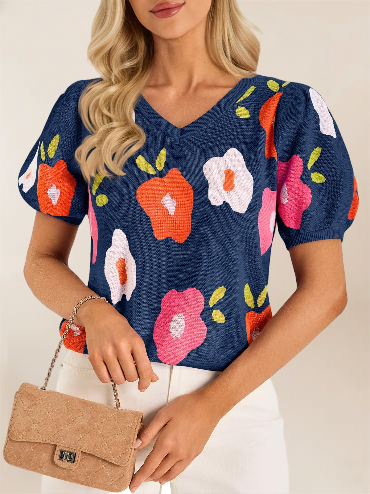 Imily Bela Womens Puff Short Sleeve Sweater Tops 2026 Spring Summer Floral Pullover V Neck Casual Knit T Shirts