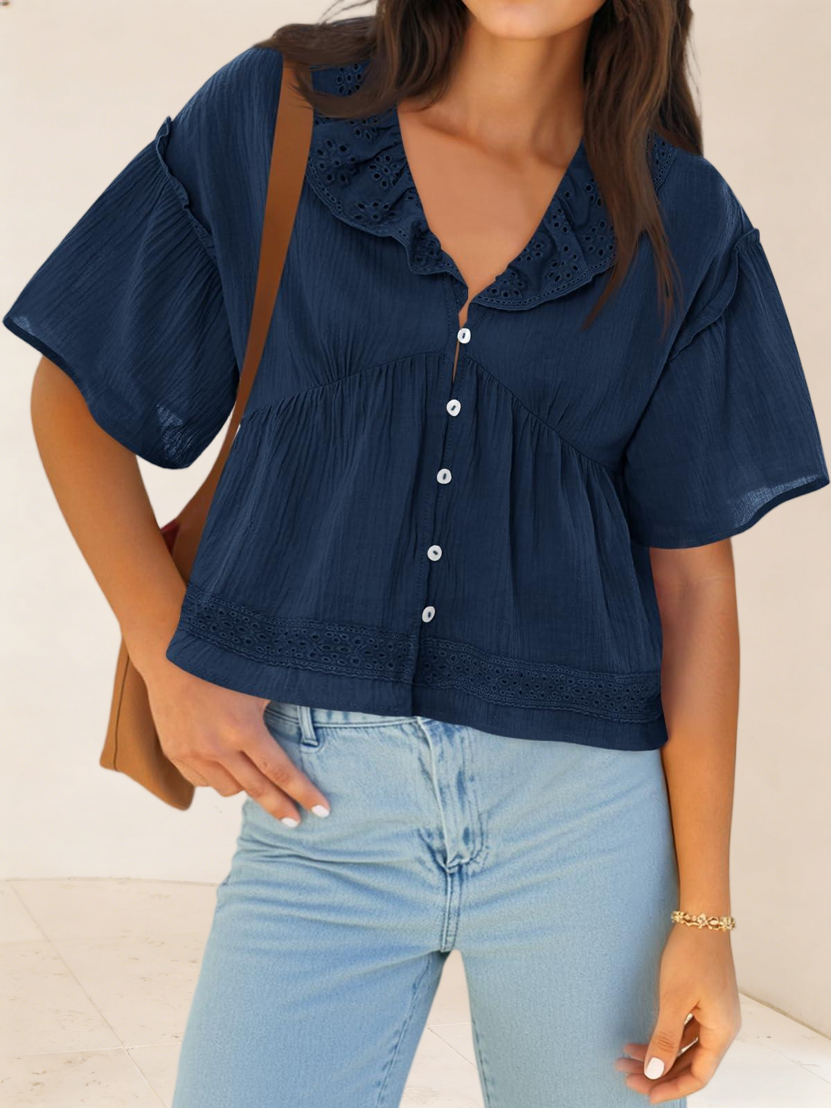 Imily Bela Womens Cropped Babydoll Tops Summer Eyelet V Neck Short Sleeve Cute Blouses Ruffle Shirts