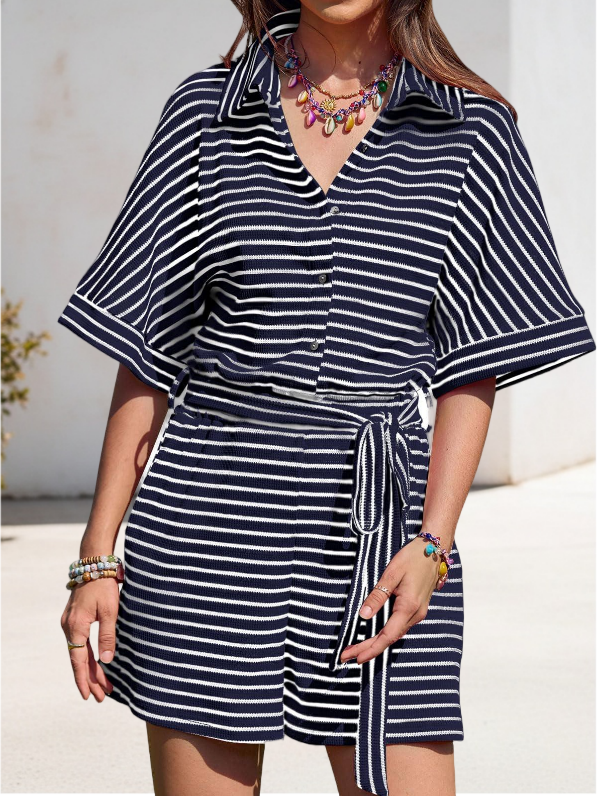 Imily Bela Womens Summer Casual Striped Rompers Short Sleeve Button Down Belted Elastic Waist Short Jumpsuit