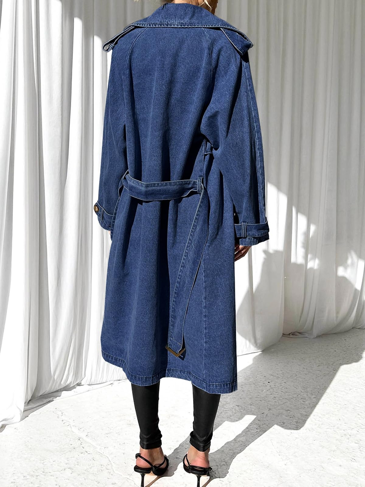 Imily Bela Women's Long Double Breasted Denim Jacket Oversized Button Down Maxi Jean Coat Classic Lapel Outercoat