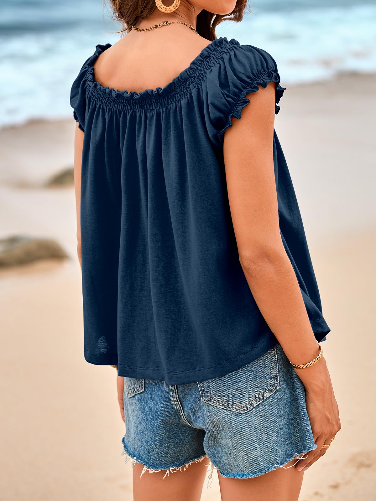 Imily Bela Women Summer Tie Front Tank Tops Cap Sleeve Pleated Babydoll Tops Casual Loose Fit Going Out Flowy Shirt