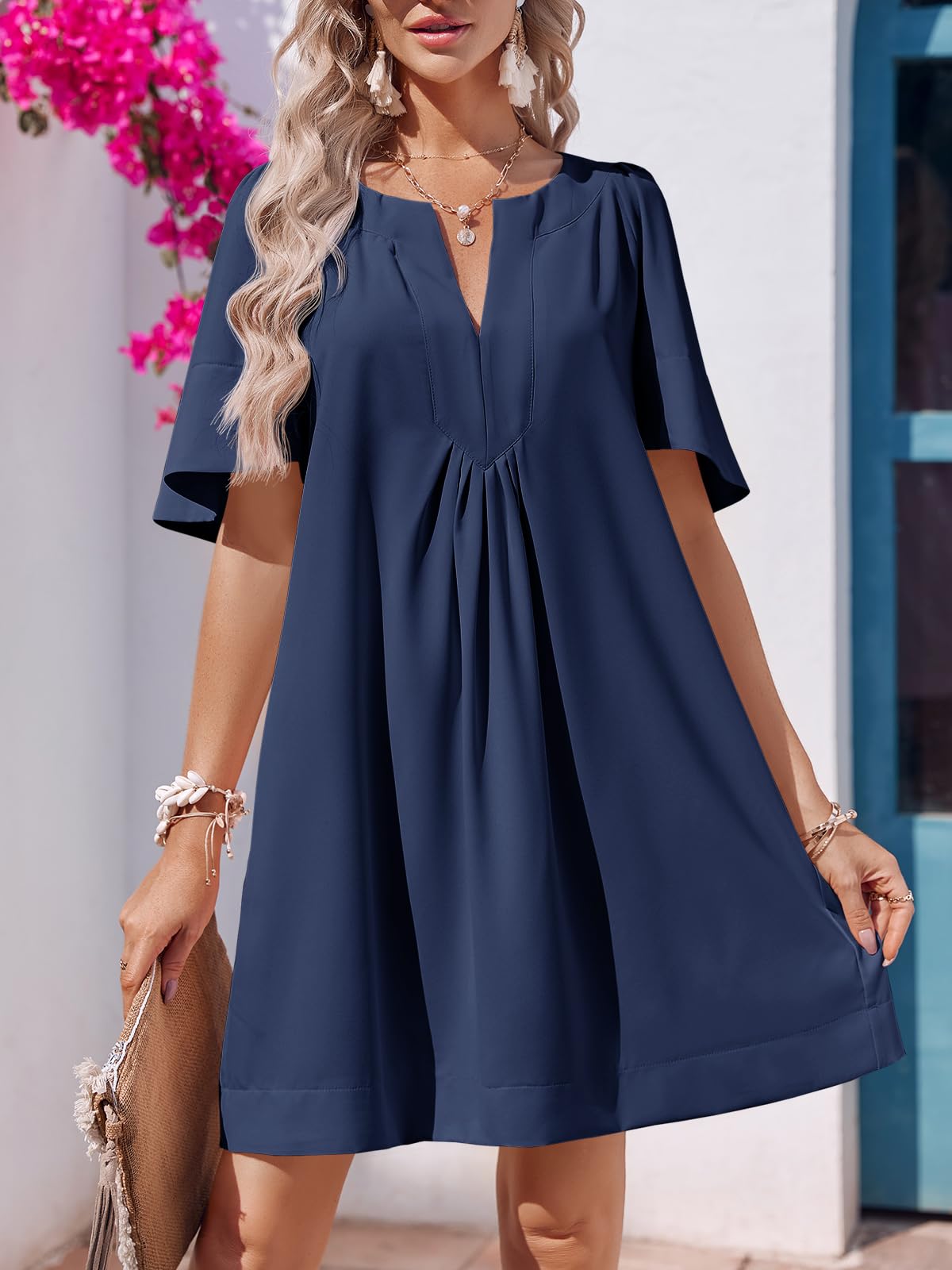 Imily Bela Womens Flutter Short Sleeve Mini Dress Casual V Neck Loose Flowy Summer Dresses