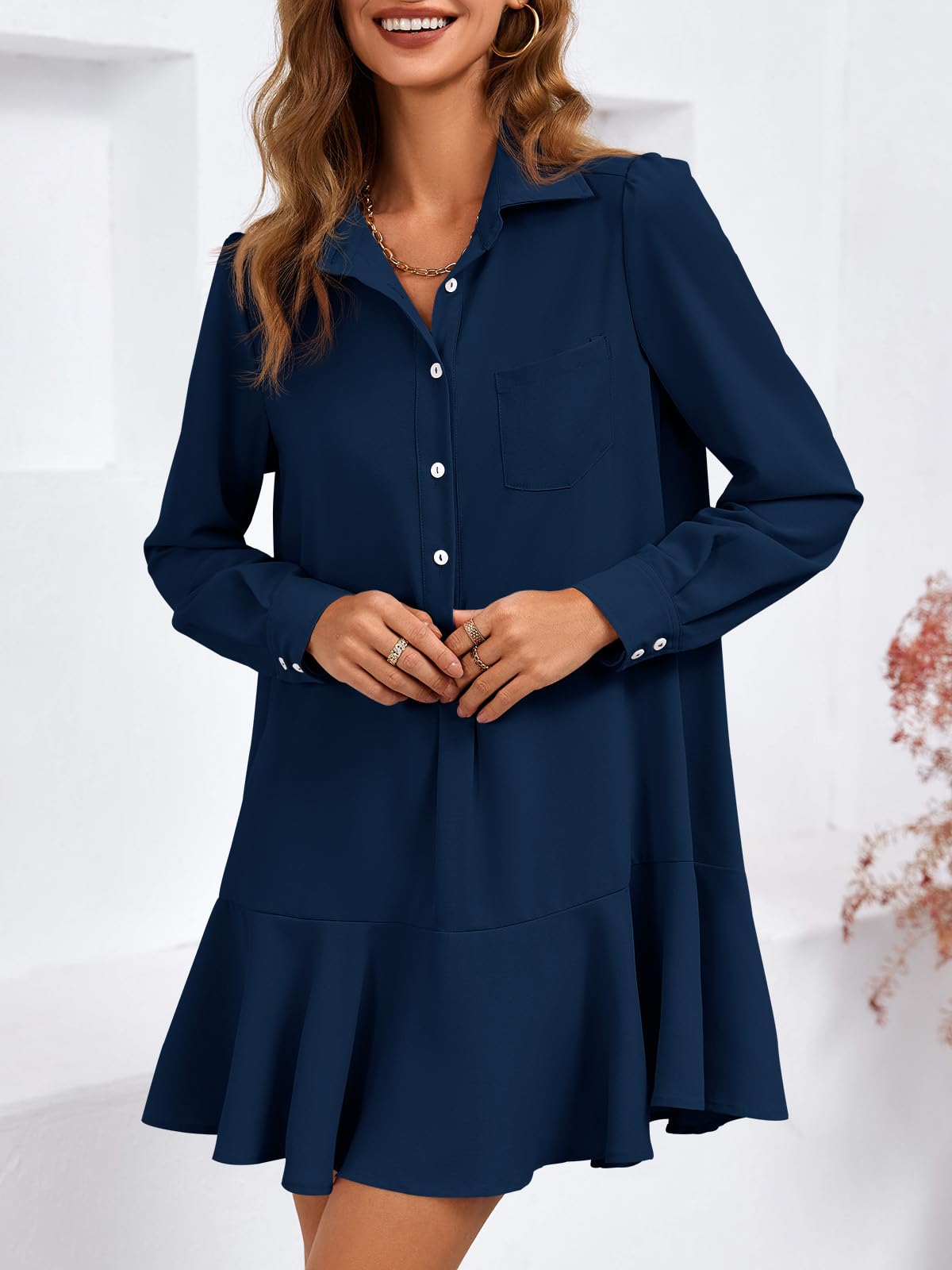 Imily Bela Womens Casual Button Down Shirt Dress Long Sleeve Collared Pleated Swing Mini Dresses