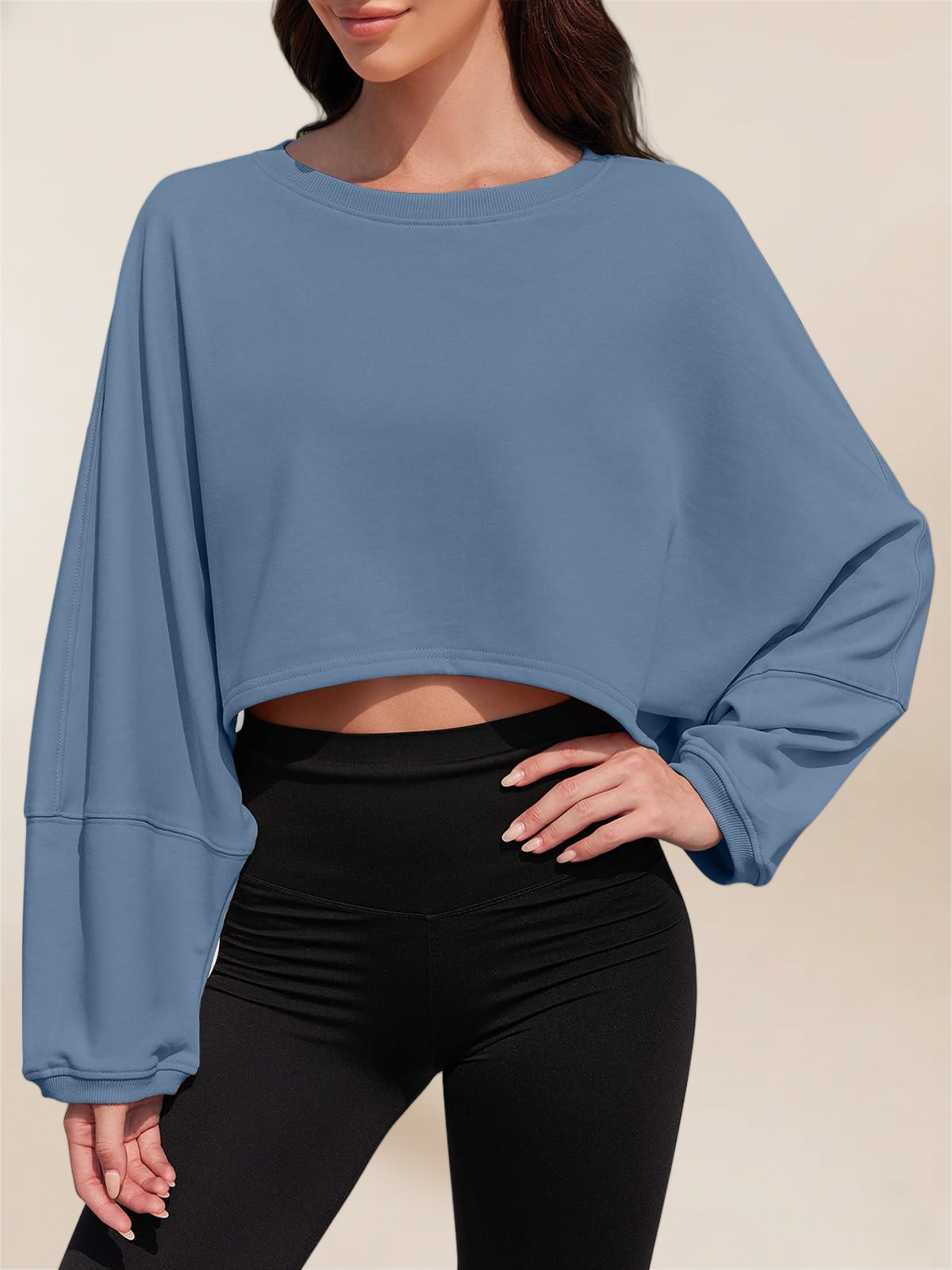 Imily Bela Womens Long Ballon Sleeve Sweatshirts Tops Cropped Crew Neck Loose Fit Casual Workout Shirts