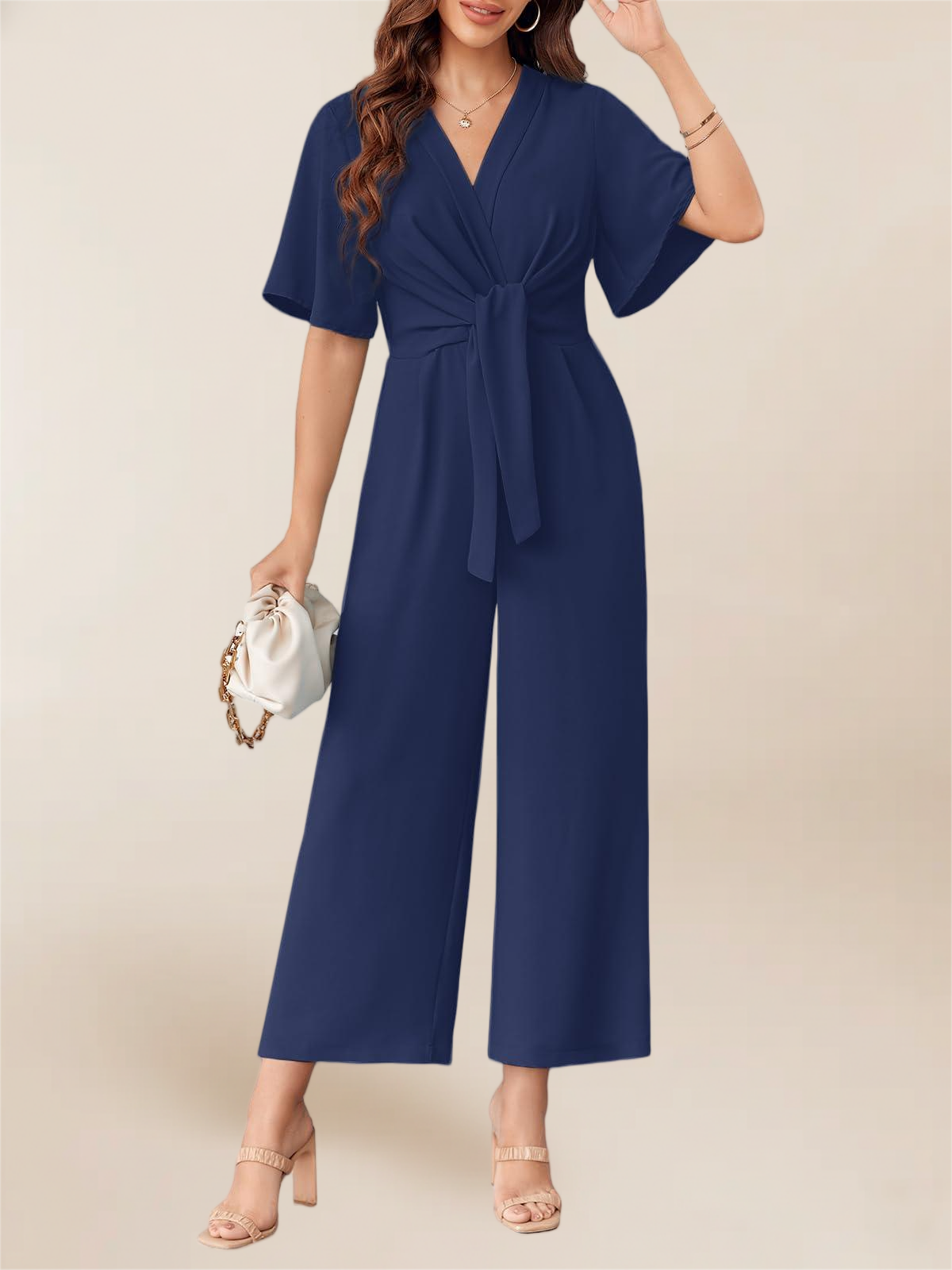 Imily Bela Women's Elegant V Neck Jumpsuits Dressy Casual Short Sleeve Wide Leg Long Pants Rompers