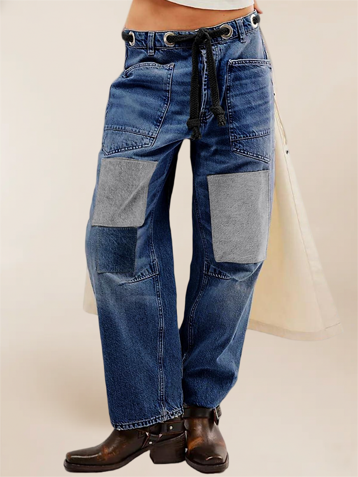 Imily Bela Womens Baggy Barrel Horseshoe Jeans Wide Leg Patchwork Low Rise Denim Pants with Pockets