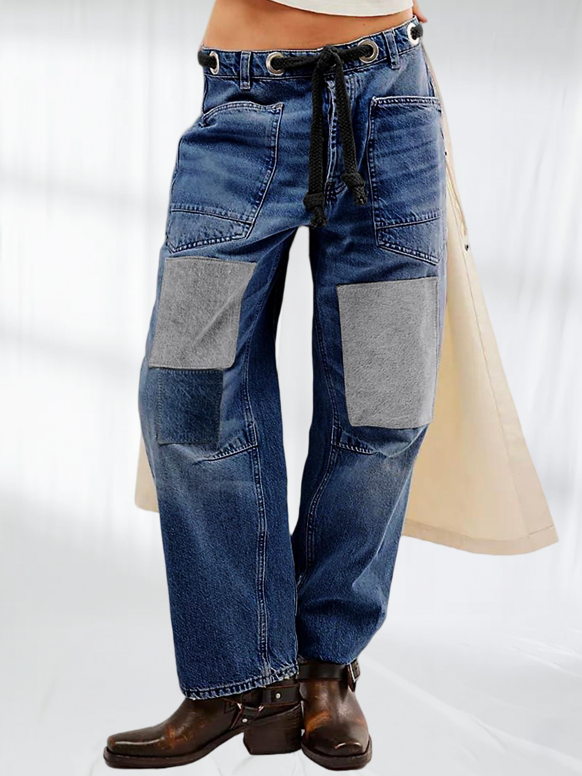 Imily Bela Womens Baggy Barrel Horseshoe Jeans Wide Leg Patchwork Low Rise Denim Pants with Pockets