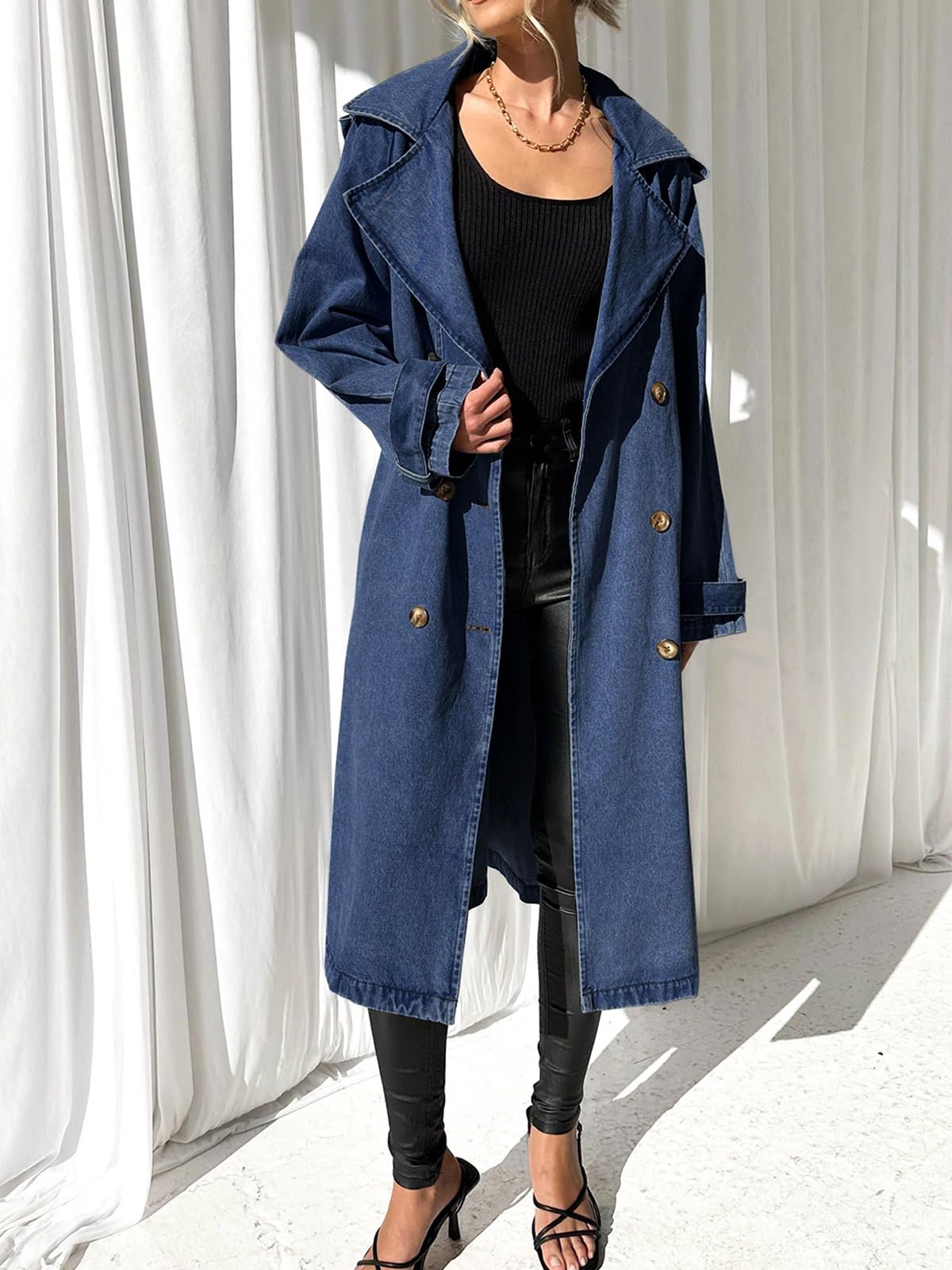 Imily Bela Women's Long Double Breasted Denim Jacket Oversized Button Down Maxi Jean Coat Classic Lapel Outercoat
