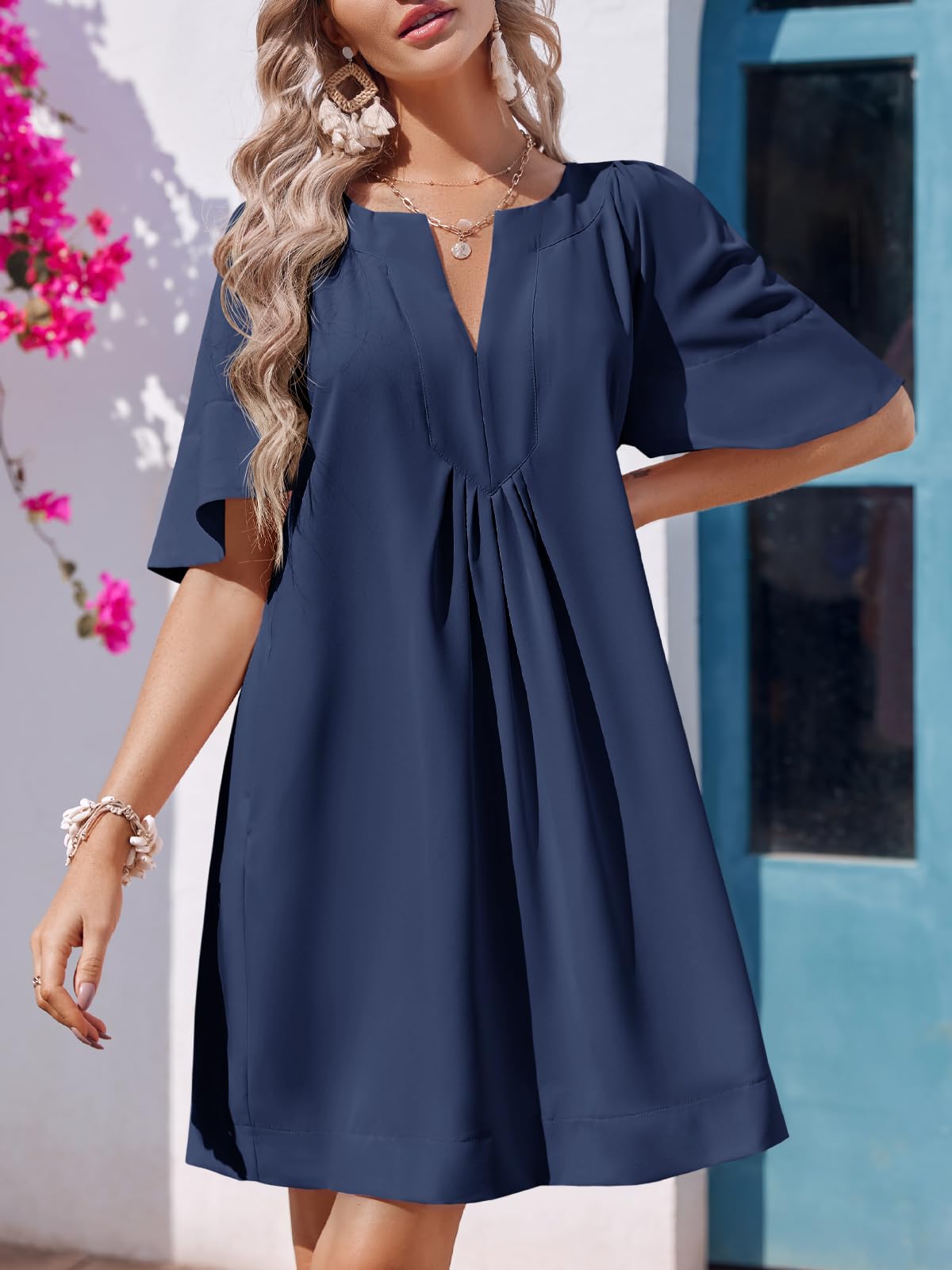 Imily Bela Womens Flutter Short Sleeve Mini Dress Casual V Neck Loose Flowy Summer Dresses