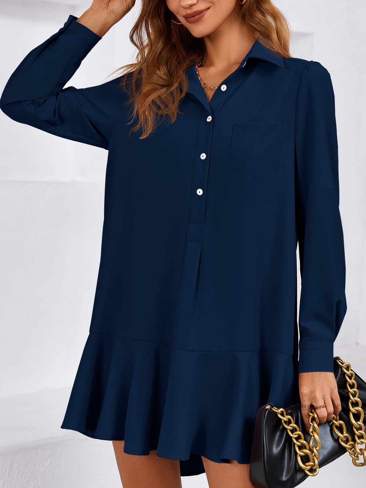 Imily Bela Womens Casual Button Down Shirt Dress Long Sleeve Collared Pleated Swing Mini Dresses