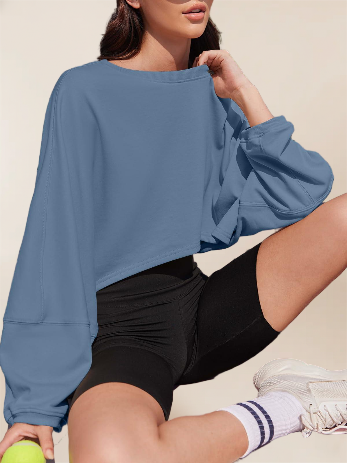 Imily Bela Womens Long Ballon Sleeve Sweatshirts Tops Cropped Crew Neck Loose Fit Casual Workout Shirts