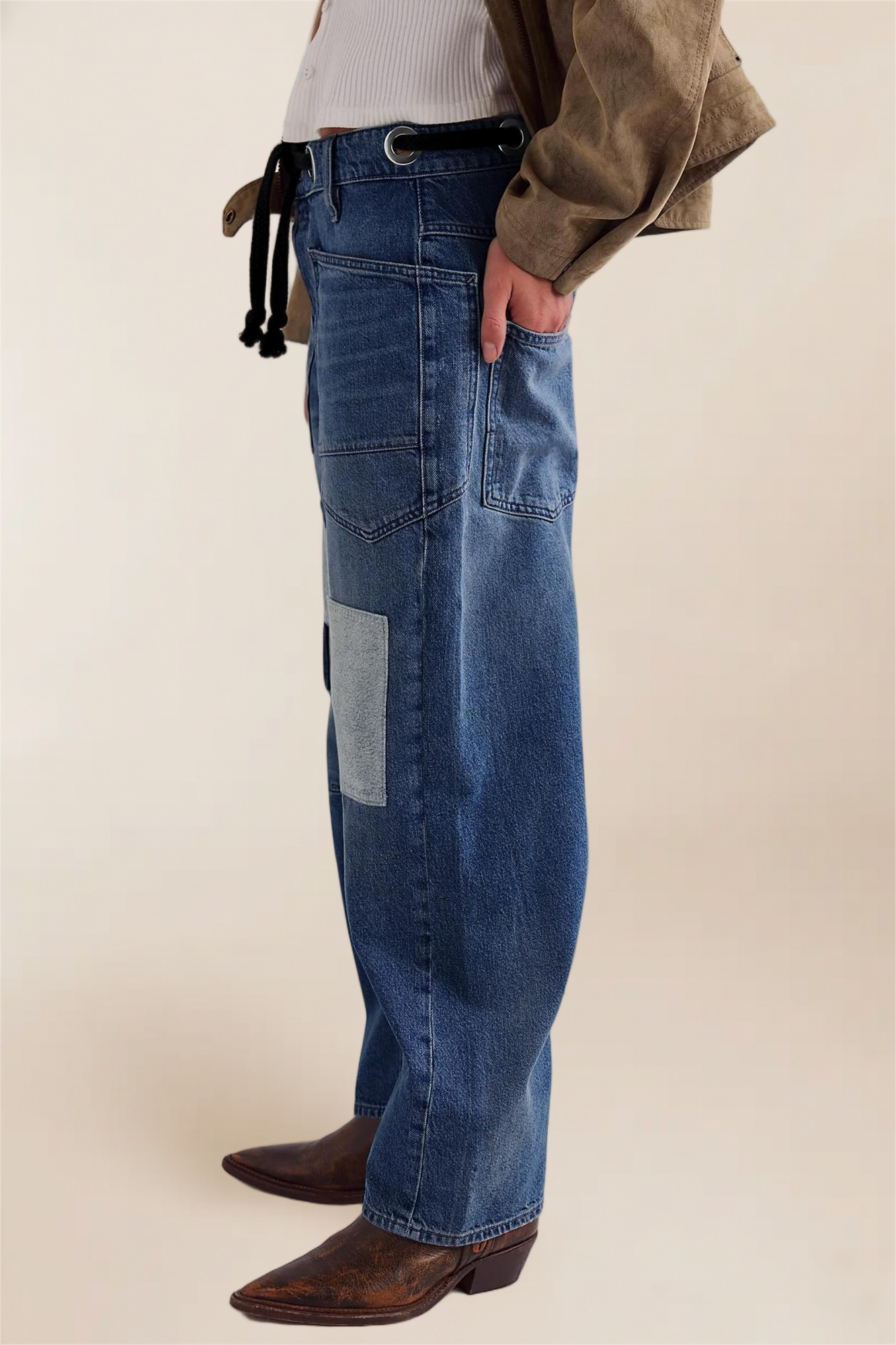 Imily Bela Womens Baggy Barrel Horseshoe Jeans Wide Leg Patchwork Low Rise Denim Pants with Pockets