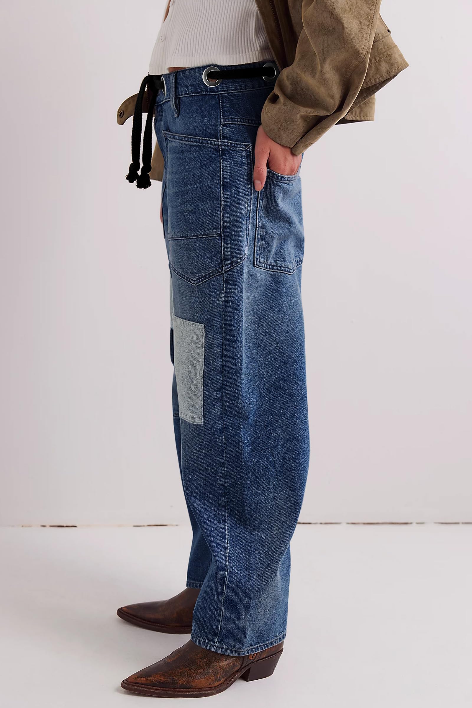 Imily Bela Womens Baggy Barrel Horseshoe Jeans Wide Leg Patchwork Low Rise Denim Pants with Pockets