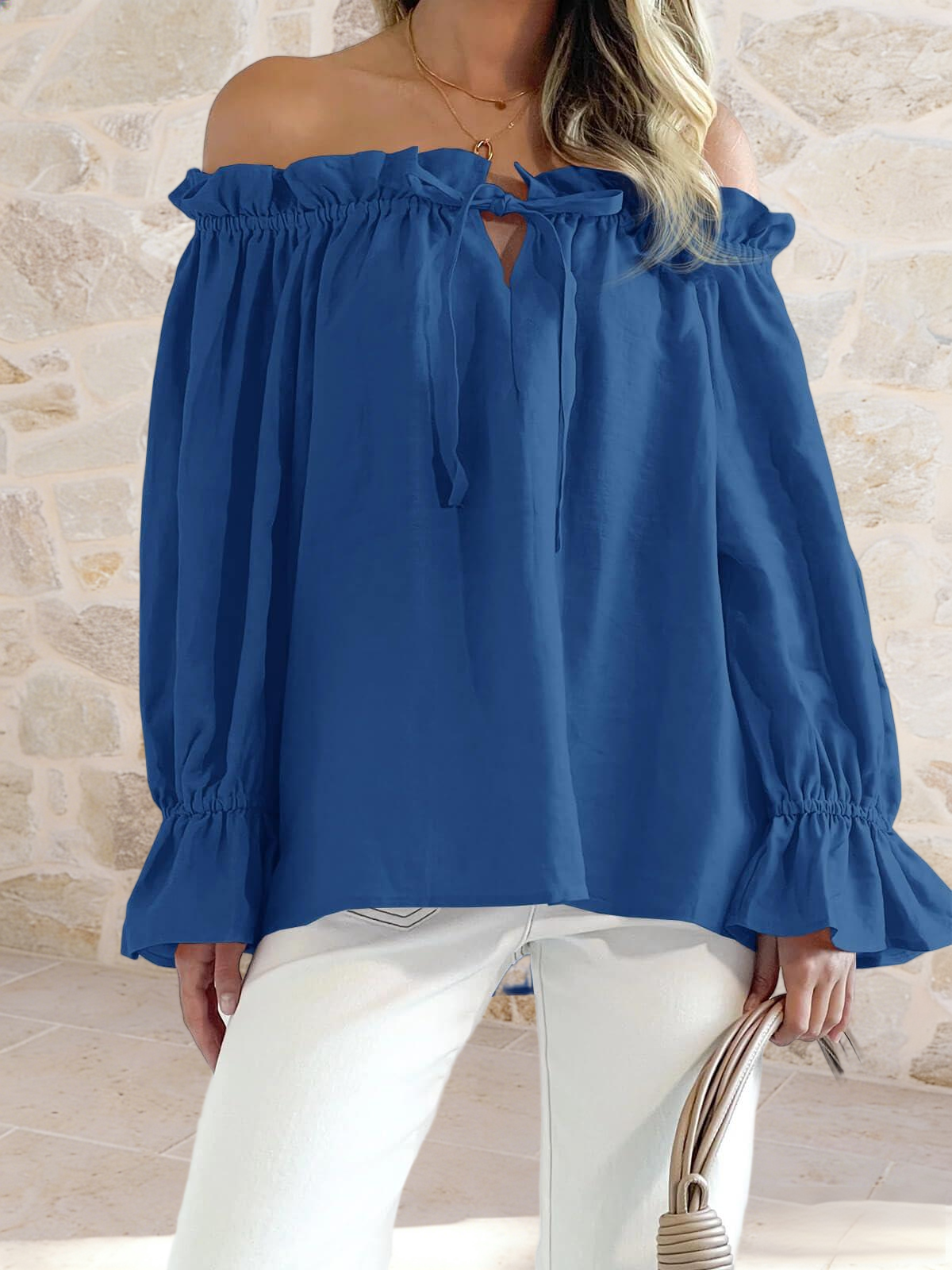 Imily Bela Womens Off The Shoulder Tops Puff Long Sleeve Tie Front Loose Fit Ruffle Shirts Blouses