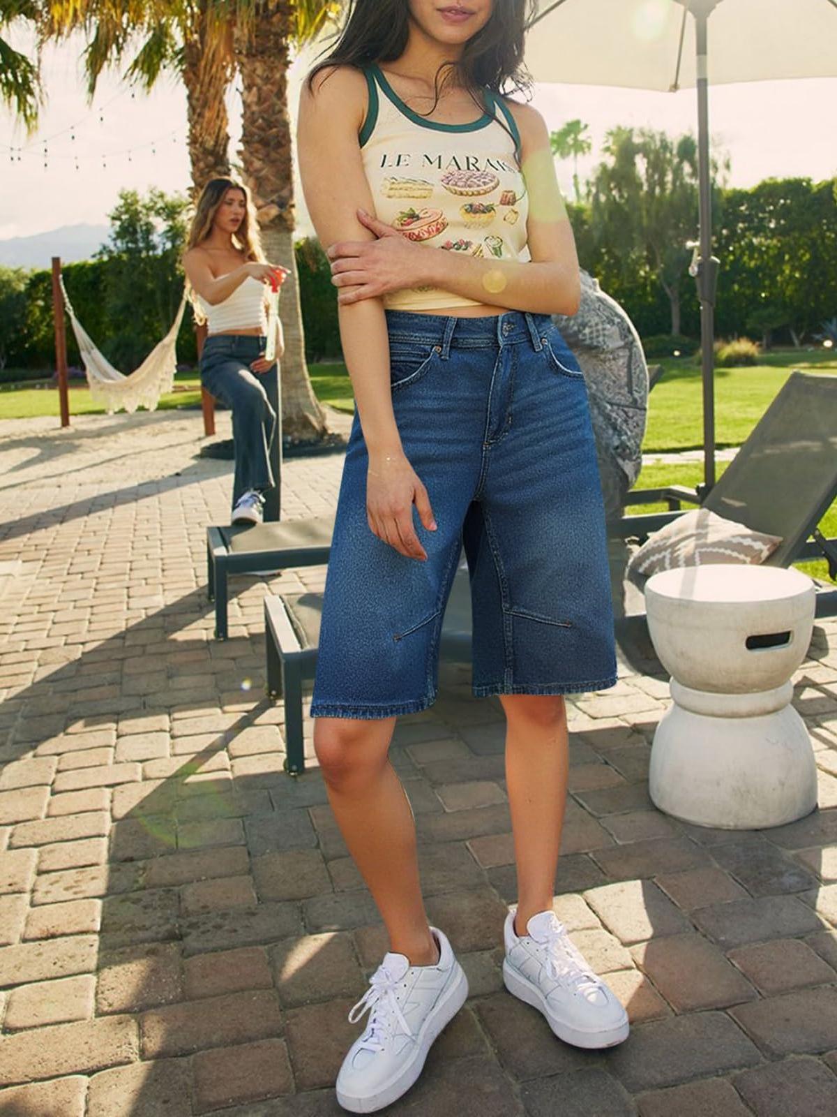 Imily Bela Womens Summer Wide Leg Denim Shorts Casual Loose Mid Rise Jorts Bermuda Knee Length Jeans Shorts