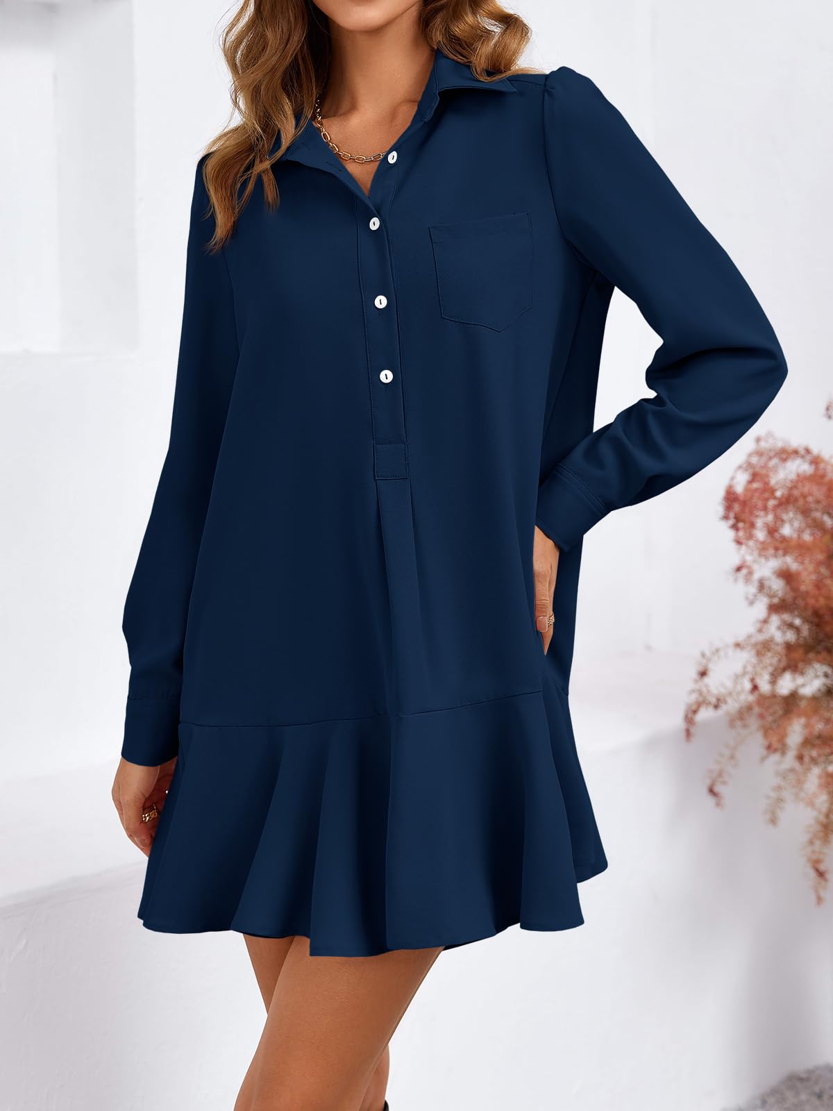 Imily Bela Womens Casual Button Down Shirt Dress Long Sleeve Collared Pleated Swing Mini Dresses