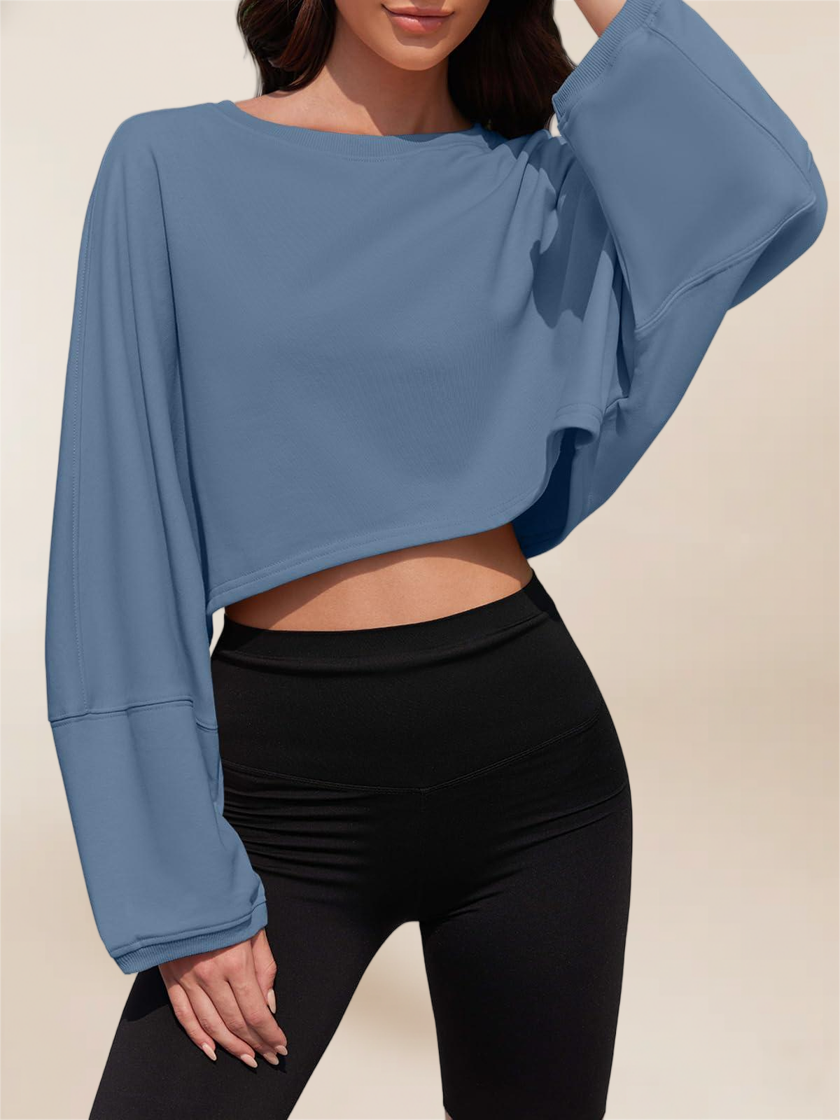 Imily Bela Womens Long Ballon Sleeve Sweatshirts Tops Cropped Crew Neck Loose Fit Casual Workout Shirts