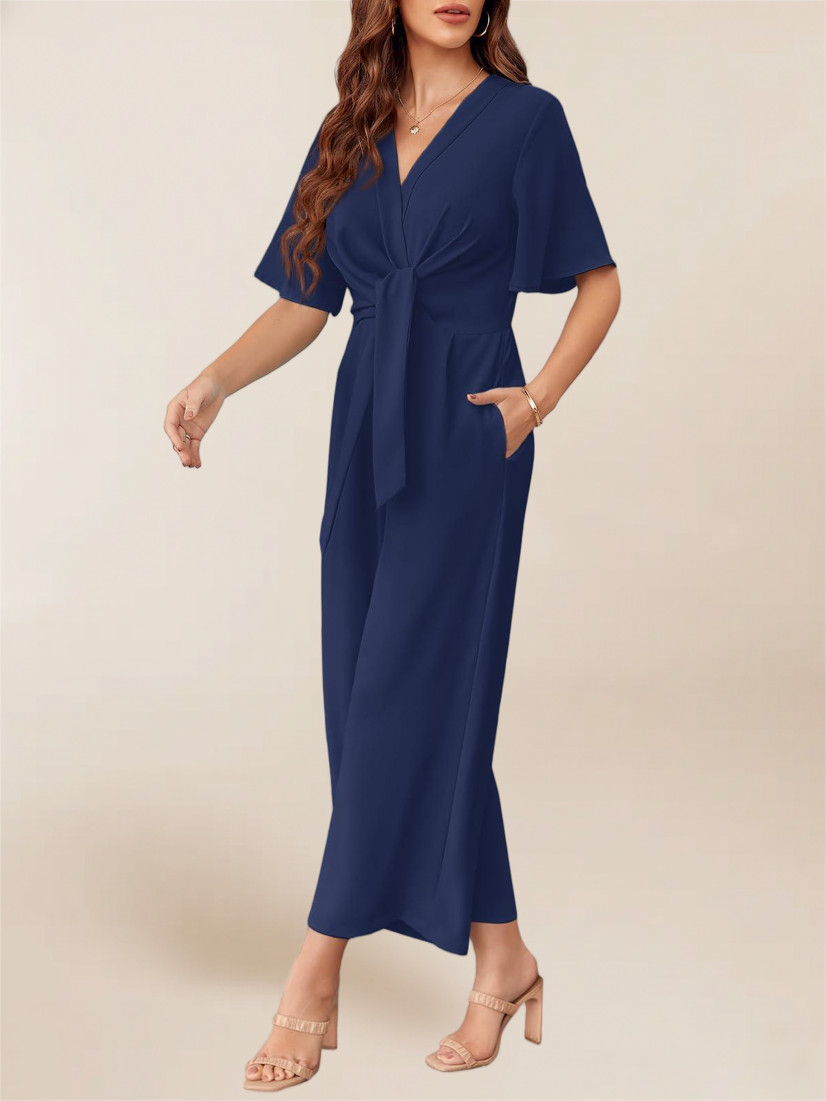 Imily Bela Women's Elegant V Neck Jumpsuits Dressy Casual Short Sleeve Wide Leg Long Pants Rompers