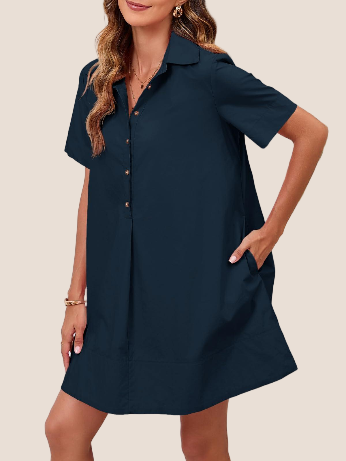 Imily Bela Womens Oversized Shirt Button Mini Dress Short Sleeve Casual Collared V Neck Summer Flowy Dresses