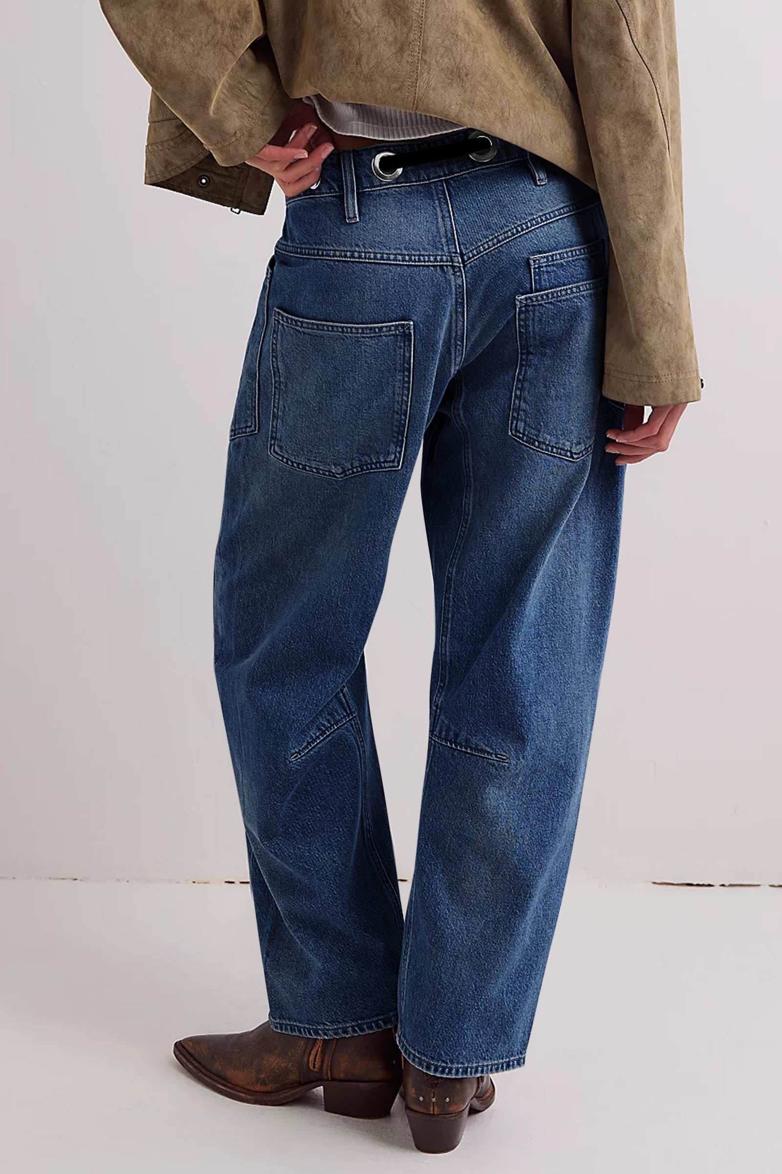 Imily Bela Womens Baggy Barrel Horseshoe Jeans Wide Leg Patchwork Low Rise Denim Pants with Pockets