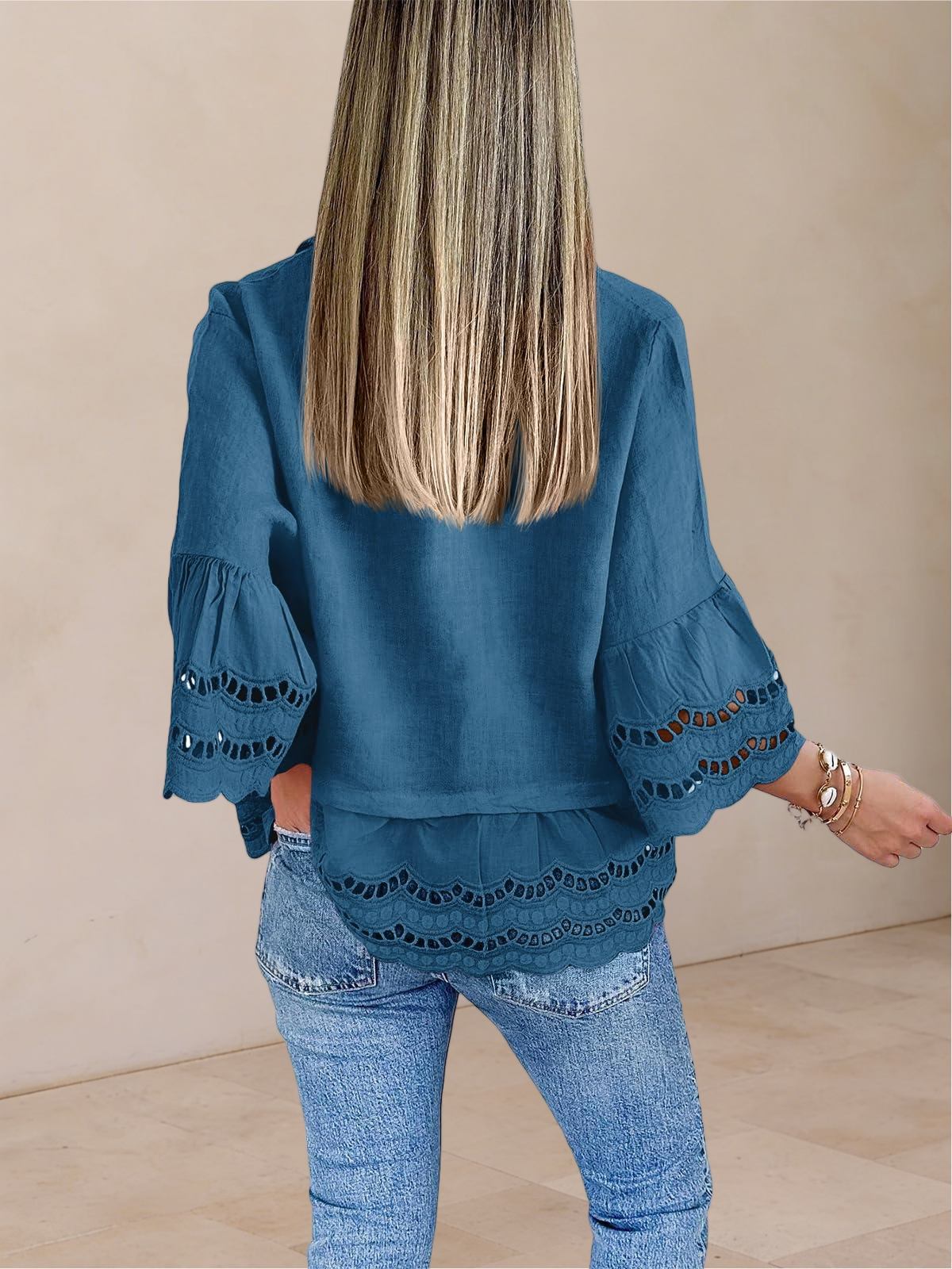 Imily Bela Womens 3/4 Bell Sleeve Button Down Shirts Casual Ruffle Hem Tops Eyelet Blouse