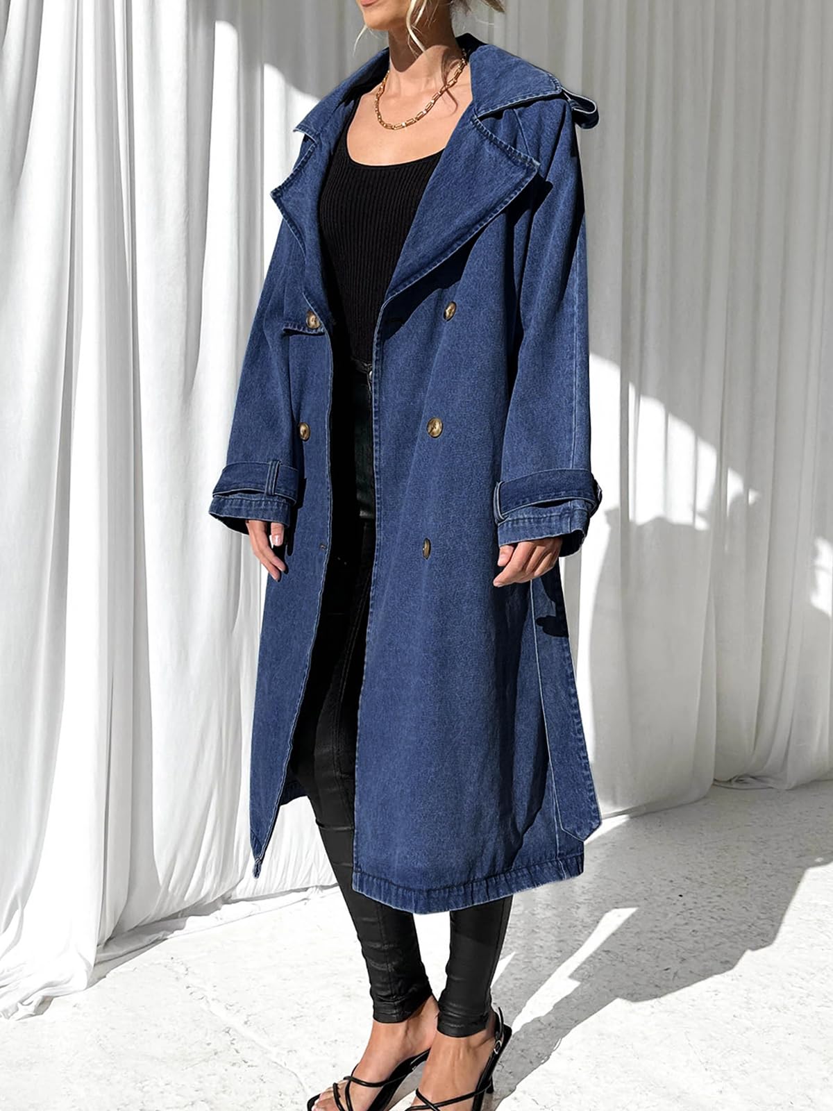 Imily Bela Women's Long Double Breasted Denim Jacket Oversized Button Down Maxi Jean Coat Classic Lapel Outercoat