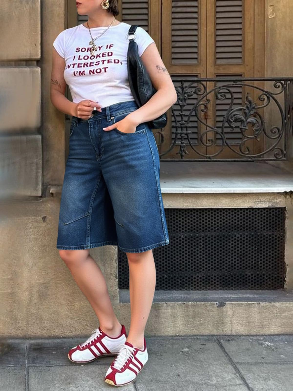 Imily Bela Womens Summer Wide Leg Denim Shorts Casual Loose Mid Rise Jorts Bermuda Knee Length Jeans Shorts