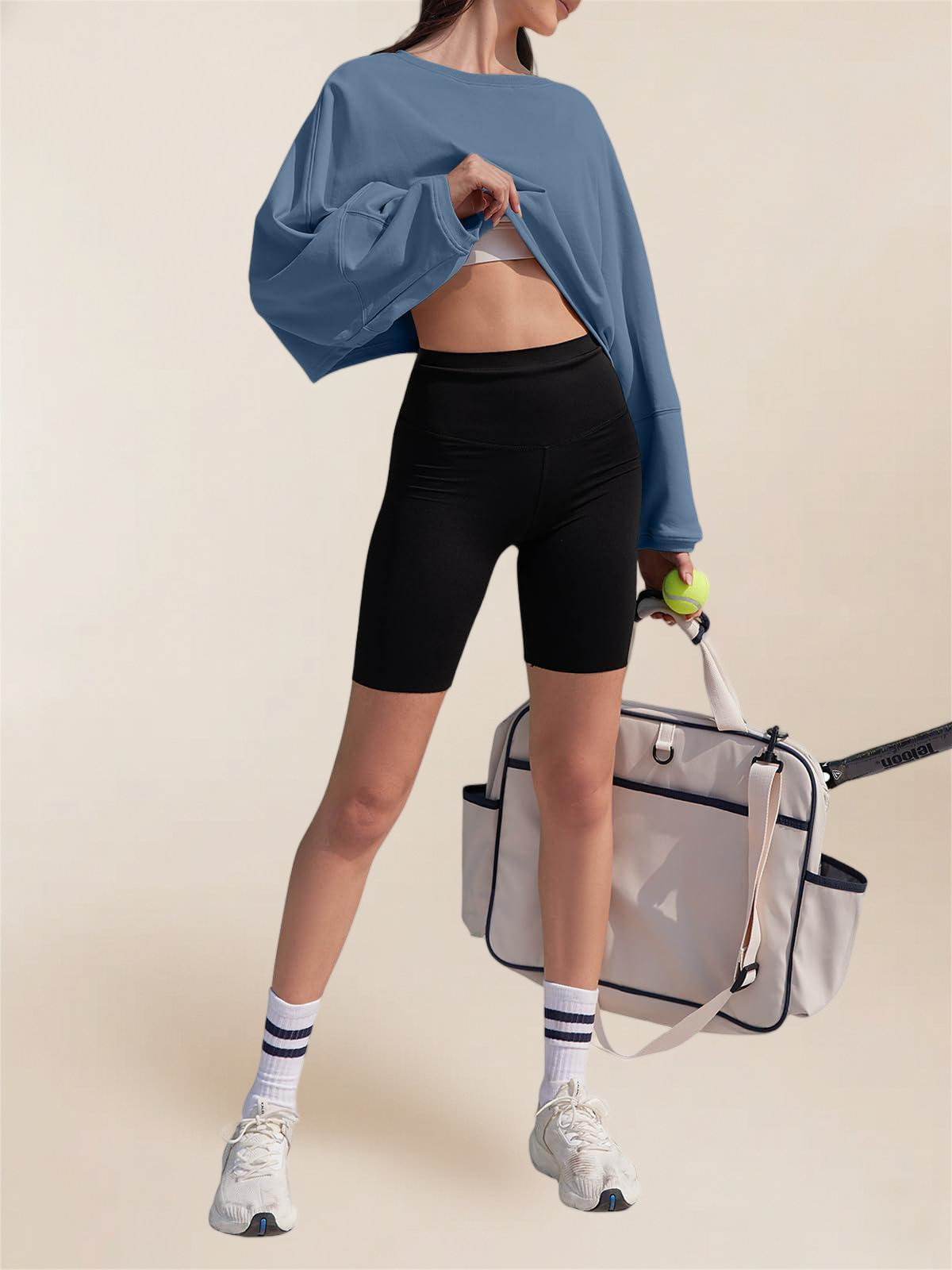 Imily Bela Womens Long Ballon Sleeve Sweatshirts Tops Cropped Crew Neck Loose Fit Casual Workout Shirts