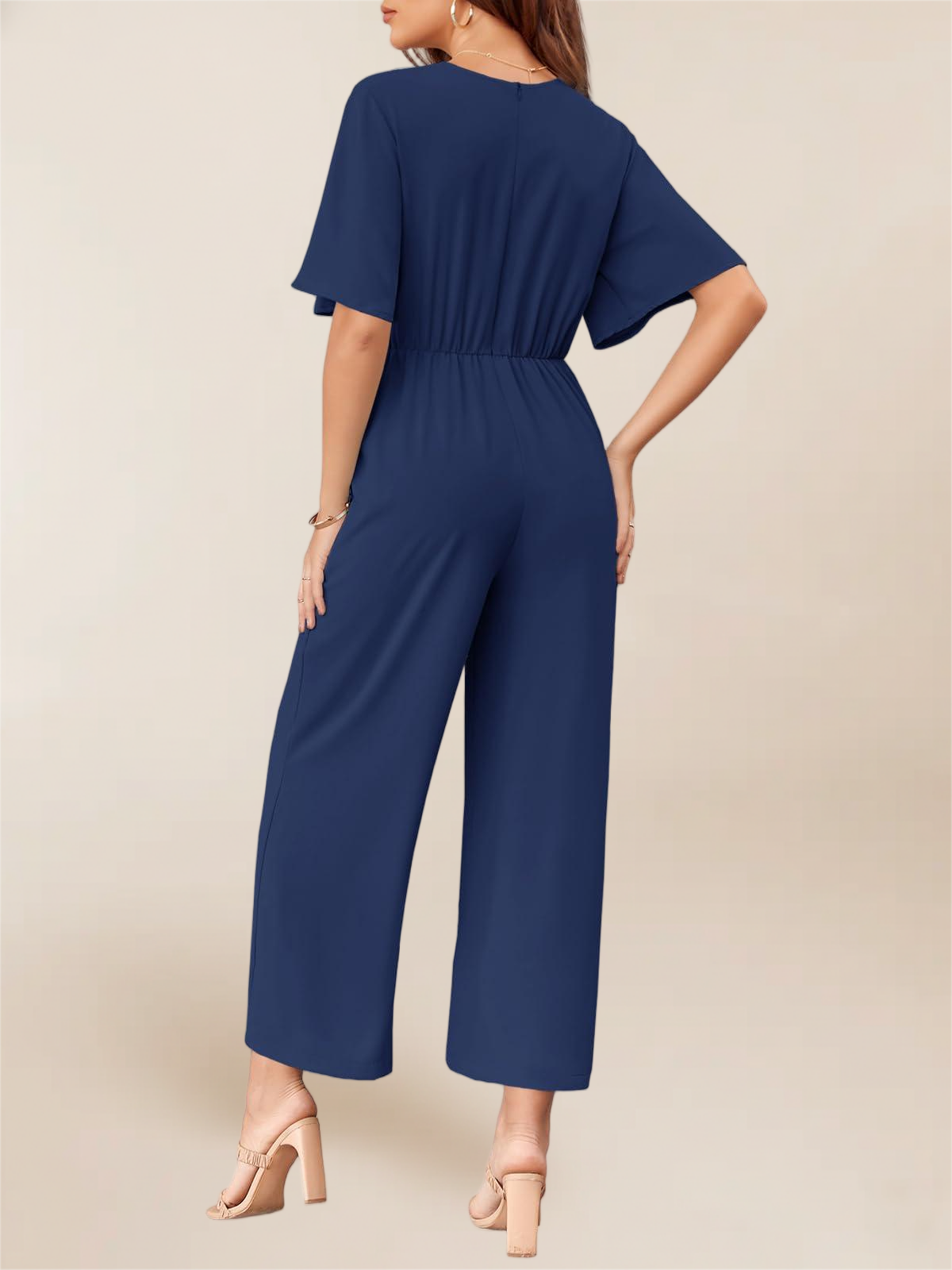 Imily Bela Women's Elegant V Neck Jumpsuits Dressy Casual Short Sleeve Wide Leg Long Pants Rompers