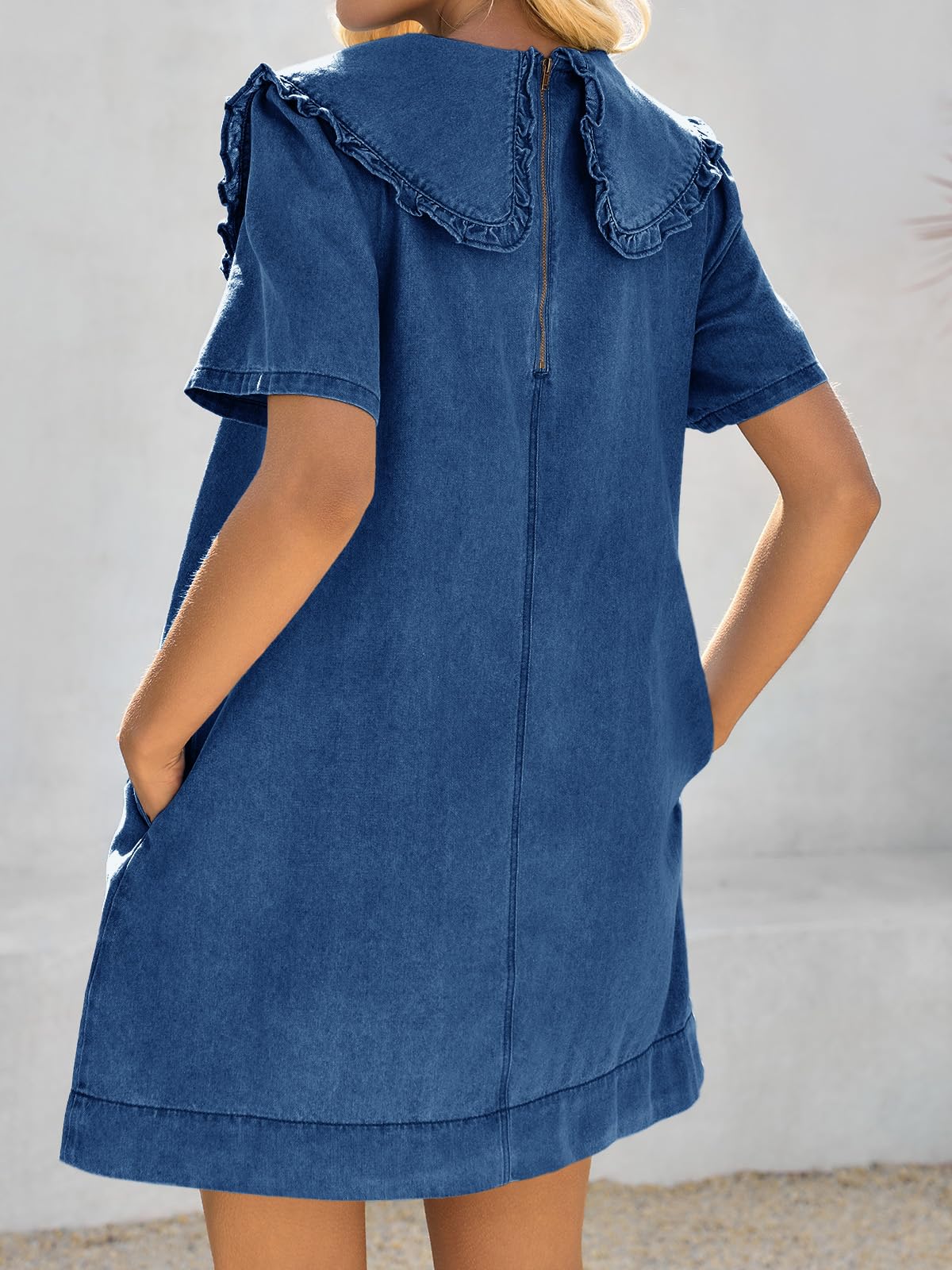 Imily Bela Womens Summer Denim Mini Dress Oversized Peter Pan Collar Short Sleeve Casual Flowy Babydoll Jean Dresses