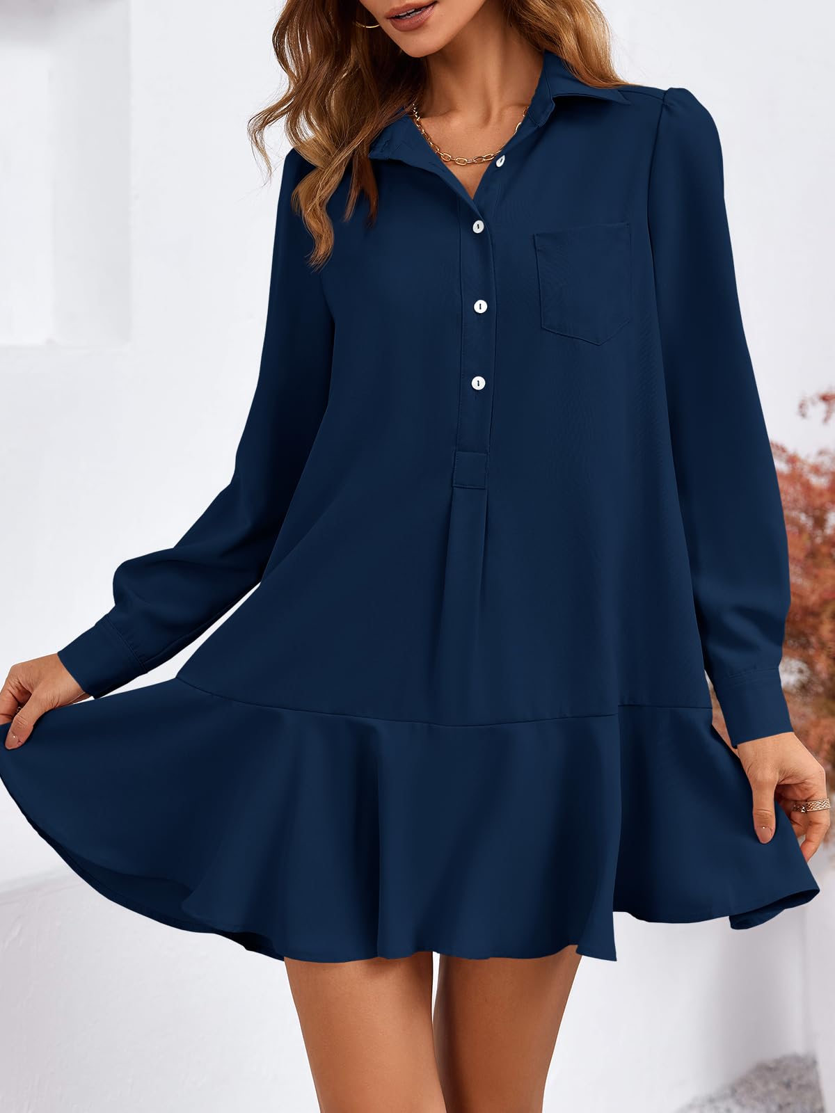 Imily Bela Womens Casual Button Down Shirt Dress Long Sleeve Collared Pleated Swing Mini Dresses