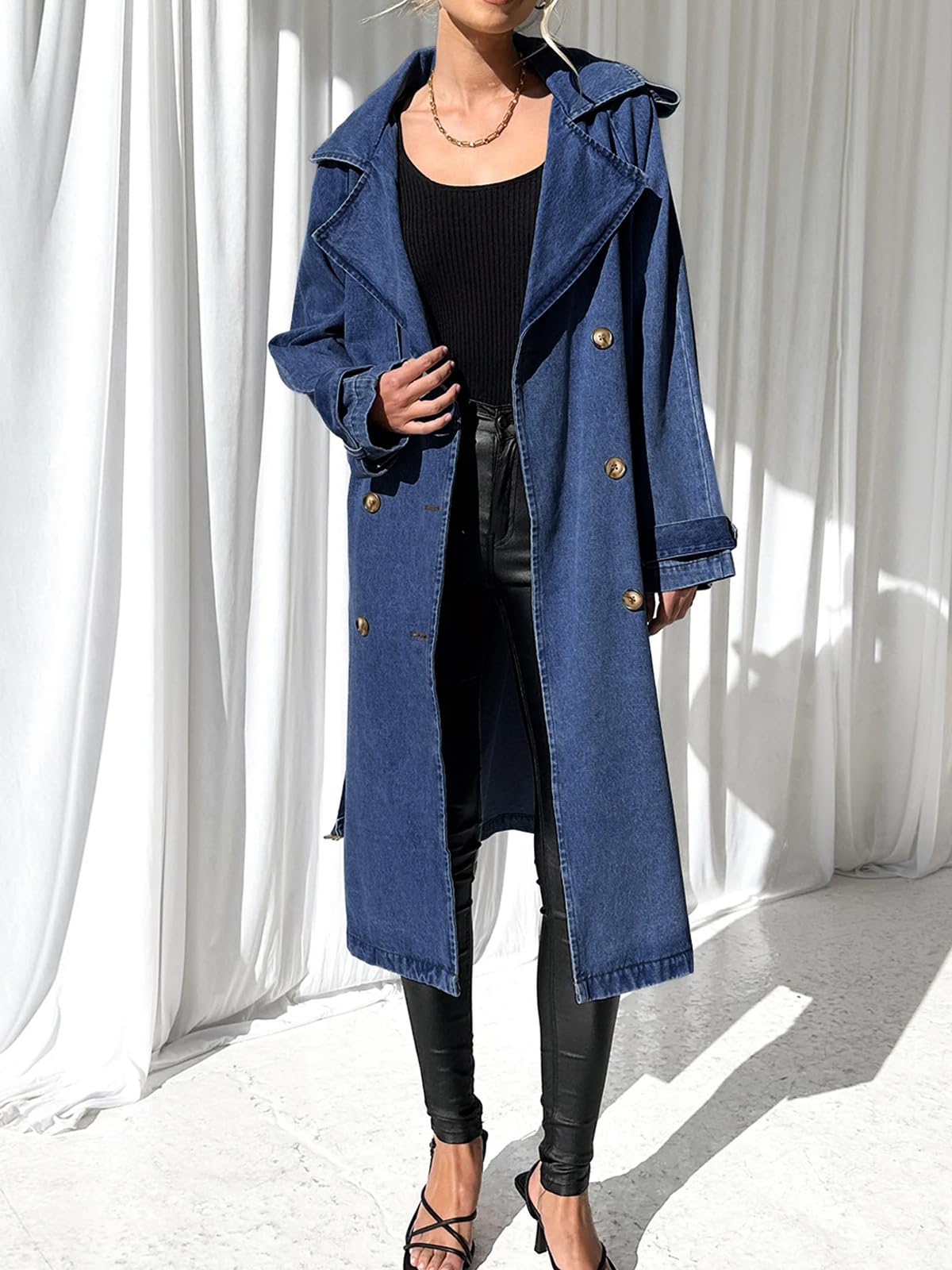 Imily Bela Women's Long Double Breasted Denim Jacket Oversized Button Down Maxi Jean Coat Classic Lapel Outercoat