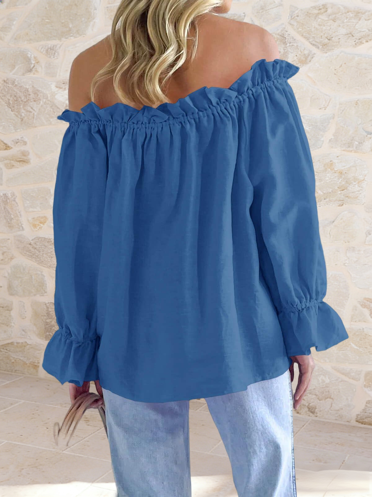 Imily Bela Womens Off The Shoulder Tops Puff Long Sleeve Tie Front Loose Fit Ruffle Shirts Blouses