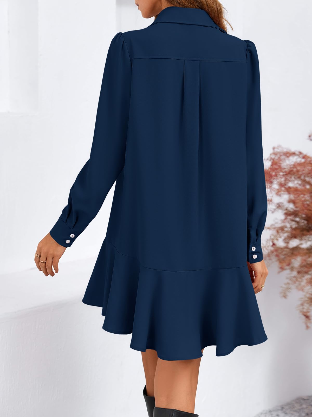 Imily Bela Womens Casual Button Down Shirt Dress Long Sleeve Collared Pleated Swing Mini Dresses